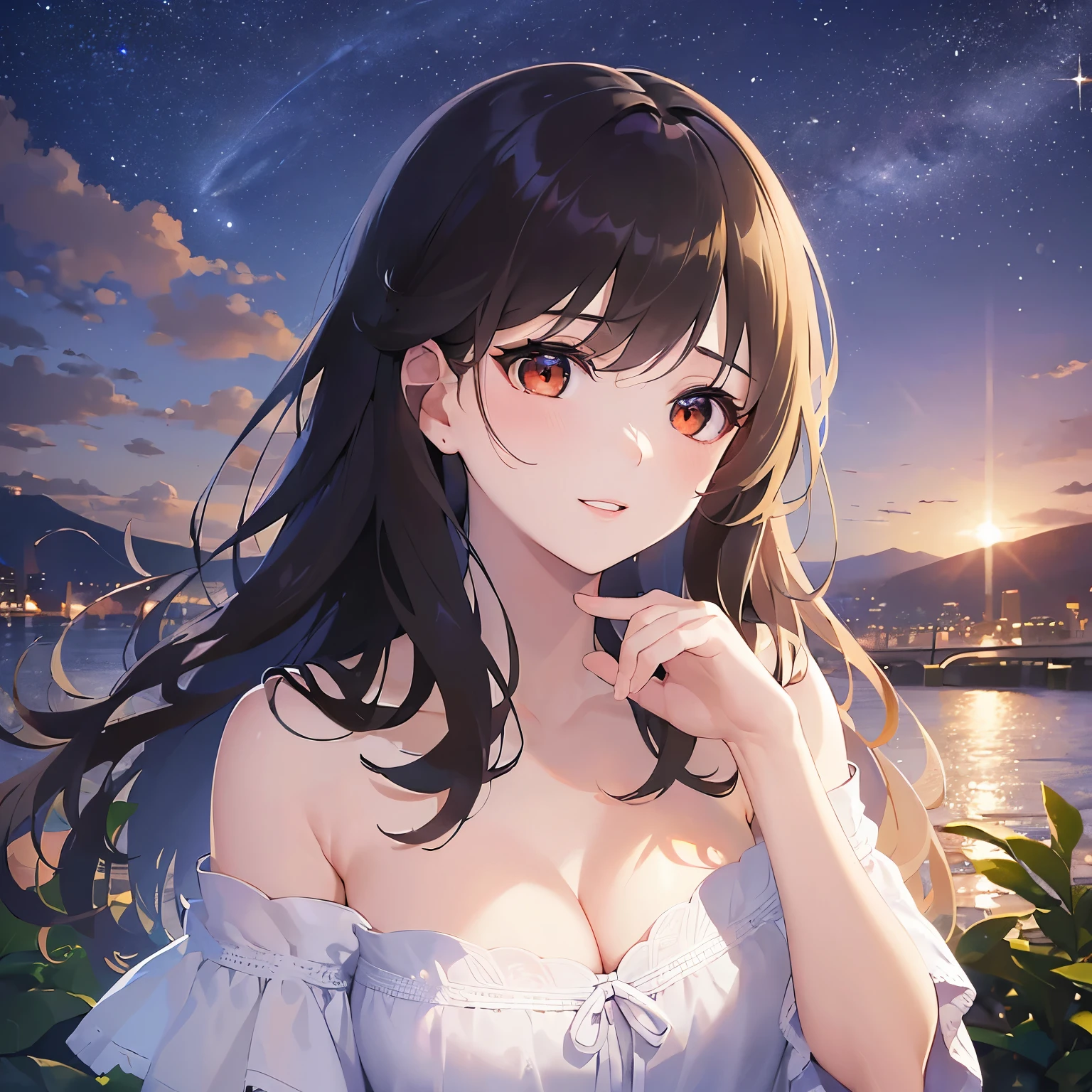 (looking away:1.5), cinematic angle, hand on own face、Cleavage、Close-up of your face、(pale skin: 1.2), shiny skin, shiny hair、(A 25-year-old woman with medium-length hair and bangs) and (wavy hair) and (brown hair) and (orange eyes) , (white) and (off shoulder dress) 、open mouth, smile, The background is the night starry sky、Alone、Are standing