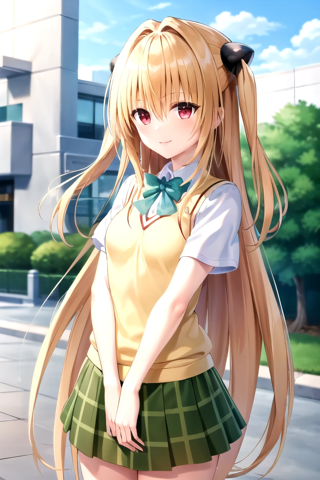 masterpiece, of the highest quality, High resolution, Ayami, very long hair, Both sides up, hair ornaments, , green bow tie, White shirt, sweater vest, yellow vest, short sleeve, Checked skirt, green skirt, They are standing, cowboy shot, smile, exterior