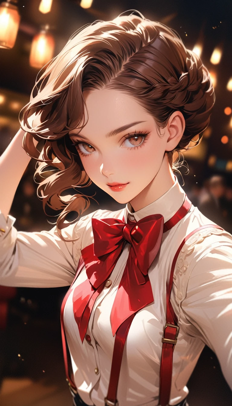 (Highest quality、masterpiece、High resolution、detailed), (Realistic skin texture:1.3), (detailedな目、Beautiful Face), One girl,, 3D Anime Real,, rtrophto1
break
//Fashion Vintage Chic,
Get retro vibes with a vintage chic outfit complete with bow tie and suspenders, Start with a tailored vest or waistcoat in a classic color like black., Navy blue, or charcoal grey, Pair with high-waisted pants or a pencil skirt for a sophisticated silhouette.。, Pair a crisp white button-down shirt with a colorful bow tie、Your individuality stands out。,
break
Layer on a pair of matching suspenders for a stylish and functional touch, Complete the ensemble with polished oxfords or loafers.、Wear your hair in soft waves or a sleek updo。, This vintage-inspired costume、Perfect for theme parties and cosplay events。, It embodies the timeless elegance of old Hollywood glamour.,
break