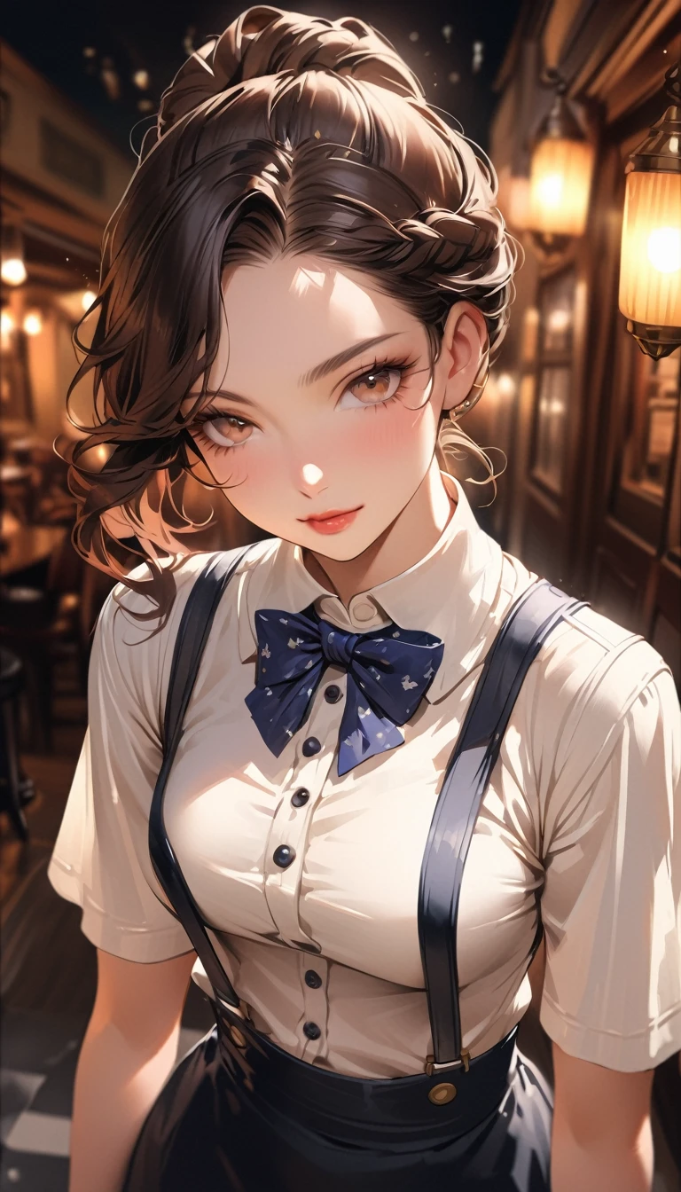 (Highest quality、masterpiece、High resolution、detailed), (Realistic skin texture:1.3), (detailedな目、Beautiful Face), One girl,, 3D Anime Real,, rtrophto1
break
//Fashion Vintage Chic,
Get retro vibes with a vintage chic outfit complete with bow tie and suspenders, Start with a tailored vest or waistcoat in a classic color like black., Navy blue, or charcoal grey, Pair with high-waisted pants or a pencil skirt for a sophisticated silhouette.。, Pair a crisp white button-down shirt with a colorful bow tie、Your individuality stands out。,
break
Layer on a pair of matching suspenders for a stylish and functional touch, Complete the ensemble with polished oxfords or loafers.、Wear your hair in soft waves or a sleek updo。, This vintage-inspired costume、Perfect for theme parties and cosplay events。, It embodies the timeless elegance of old Hollywood glamour.,
break