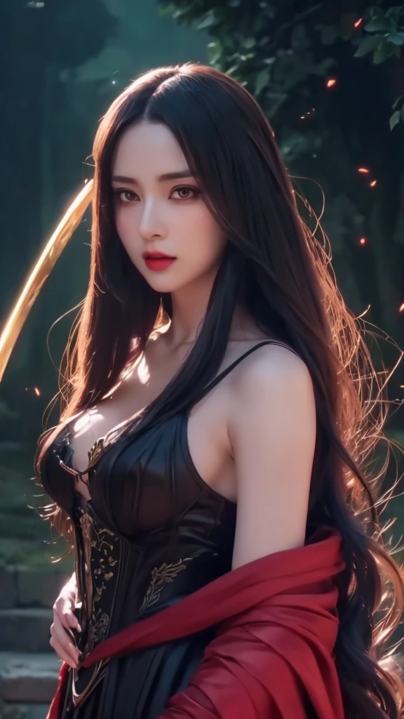outline, (anime screencap:1.5), studio ghibli, red lips, mature female,
2D, dark sorceress with a scythe, intricate details, vibrant colors, ethereal lighting, gothic attire, glowing red accents, soft natural lighting, ethereal glow, detailed background, mystical atmosphere, realistic shadows, fine details in hair and clothing, ultra-quality, magical elements, dramatic pose, flowing hair, enchanting setting, dark magic, intense expression, anime style, dynamic composition