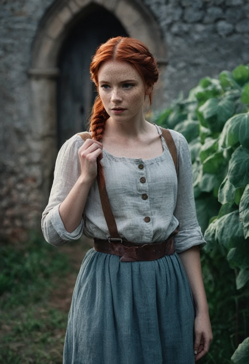 still cinematic film, Mediovale \(context\), Linda fildnesa, red hair, short braid hairstyle, pale skin, [light freckles], plein-air, harvesting crops, fild, grimdark, Clouded, cool color temperature, Detailed texture skin, wearing soft linen shirt, Dramatic, grimy, castle wall in the background, standing alone, cinematic lighting, soft color palette, ombre, 50mm, F/5.6 lenses, ISO 1000, (extremely detaild), grim, Coraggioso, Still do filme de Kingdom Come