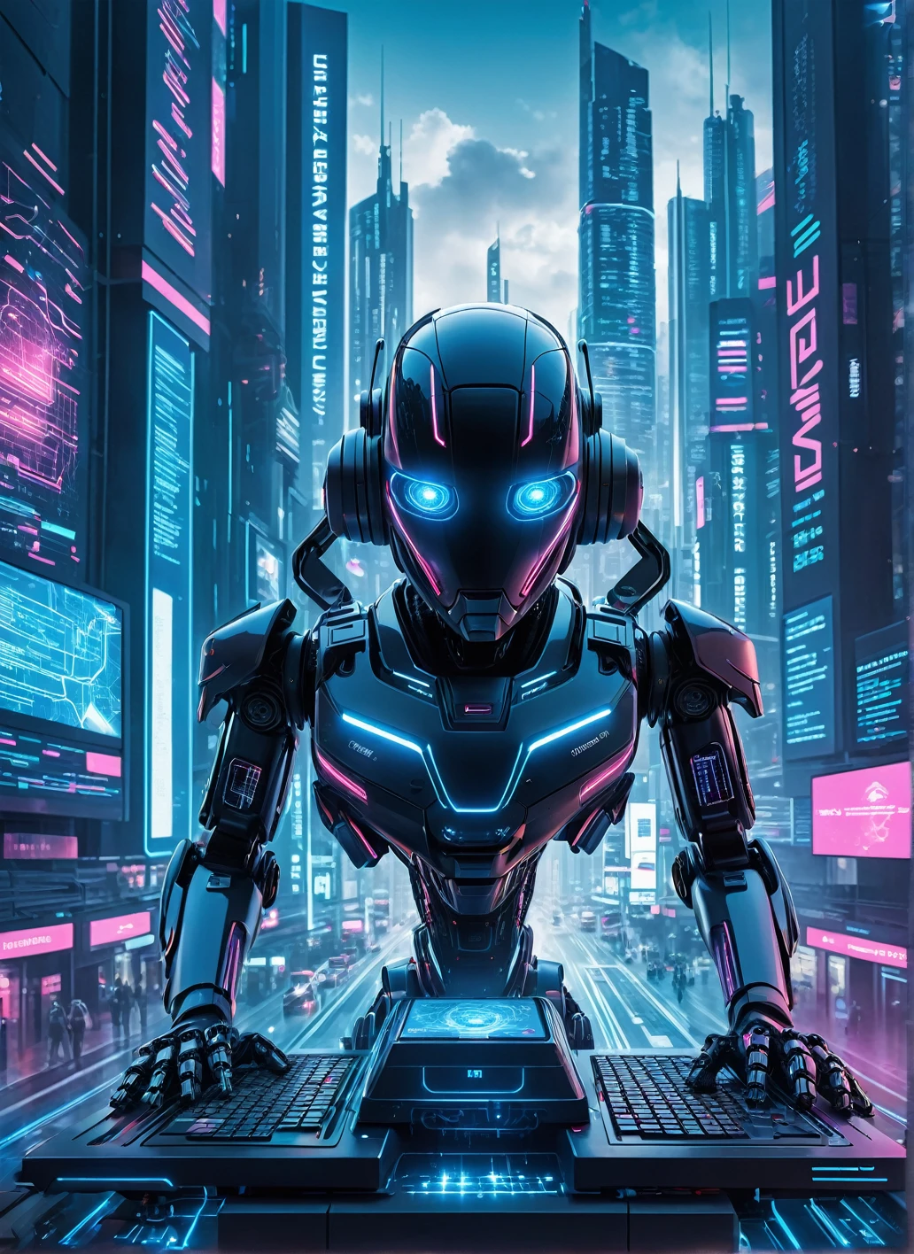 An eye-catching poster displaying the advancement of AI in enhancing cybersecurity measures. The design features a futuristic cityscape with a strong cyberpunk vibe, where AI-powered security systems are seamlessly integrated. In the foreground, an AI robot is shown protecting a vault, surrounded by data streams and encrypted codes. The background displays various cybersecurity tools and solutions, along with a message highlighting the importance of AI in safeguarding our digital world., poster