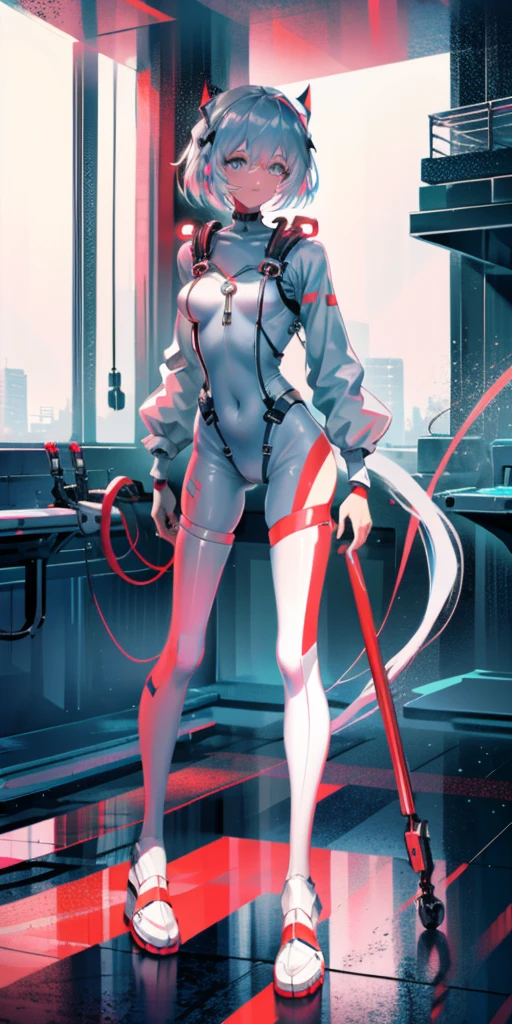 (Best quality:1.2),1 girl,Alone,permanent_,Ayanami Rei,White jumpsuit,Red Eyes,Pilot suits,short hair,Blue Hair,Bangs,Interface Headphones,turtleneck sweater,Hair between the eyes,Pixelated background,Neon lights,Sci-fi color scheme,Vibrant colors,Metallic,Detailed shadows,Holographic interface,Dark atmosphere,High contrast,Clear focus,A strand of hair,shiny reflective surfaces,Exquisite details,high resolution,Studio Lighting,Red embellishment,Lighting environment,Artificial intelligence assistant