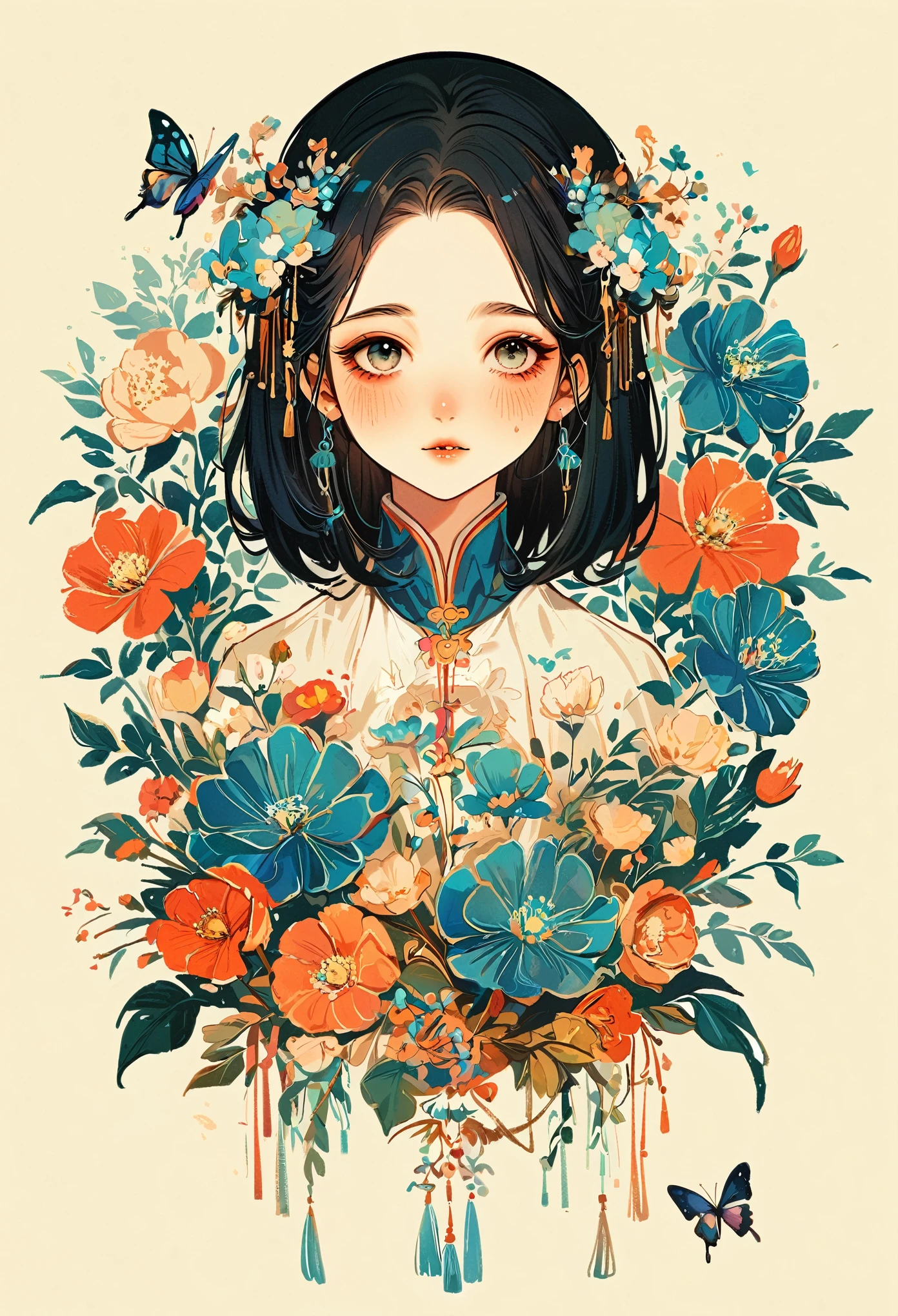 1 sister, Solitary, looking at the audience, Blushed, background, black hair color, Hair accessories, Long sleeve, White background, eternal, Full body female, Flowers in bloom, purple, Flowering, OK, Butterfly, masterpiece, Recent quality, The best details, Clear facial features, beautiful eyes , cool color theme