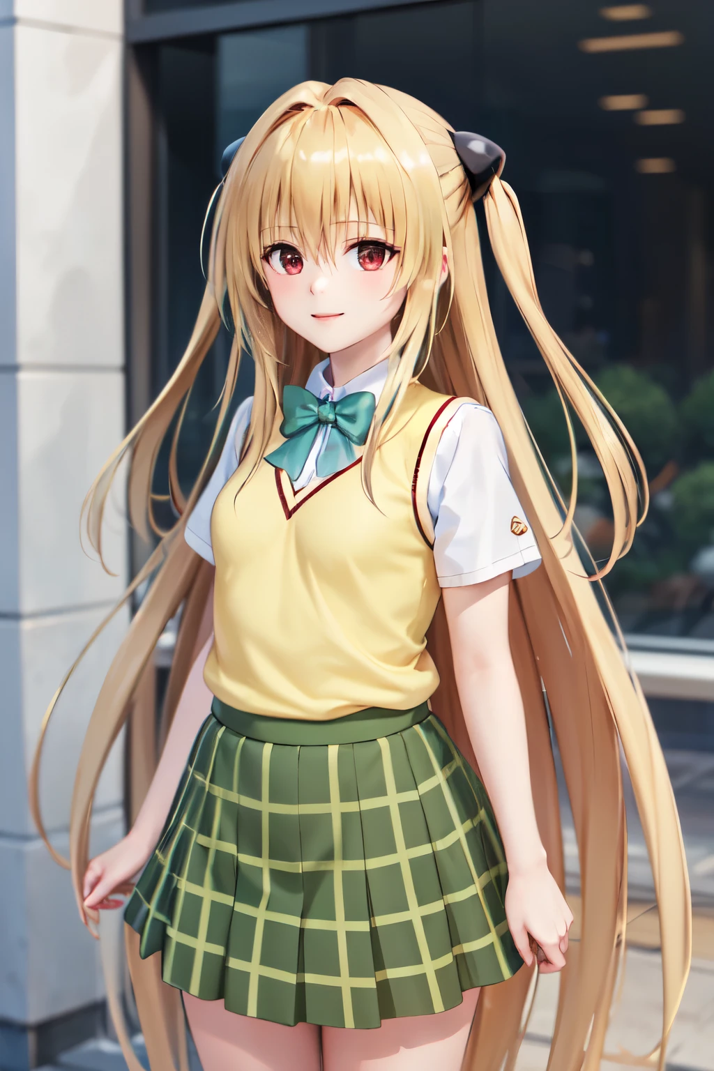 masterpiece, of the highest quality, High resolution, Ayami, very long hair, Both sides up, hair ornaments, , green bow tie, White shirt, sweater vest, yellow vest, short sleeve, Checked skirt, green skirt, They are standing, cowboy shot, smile, exterior