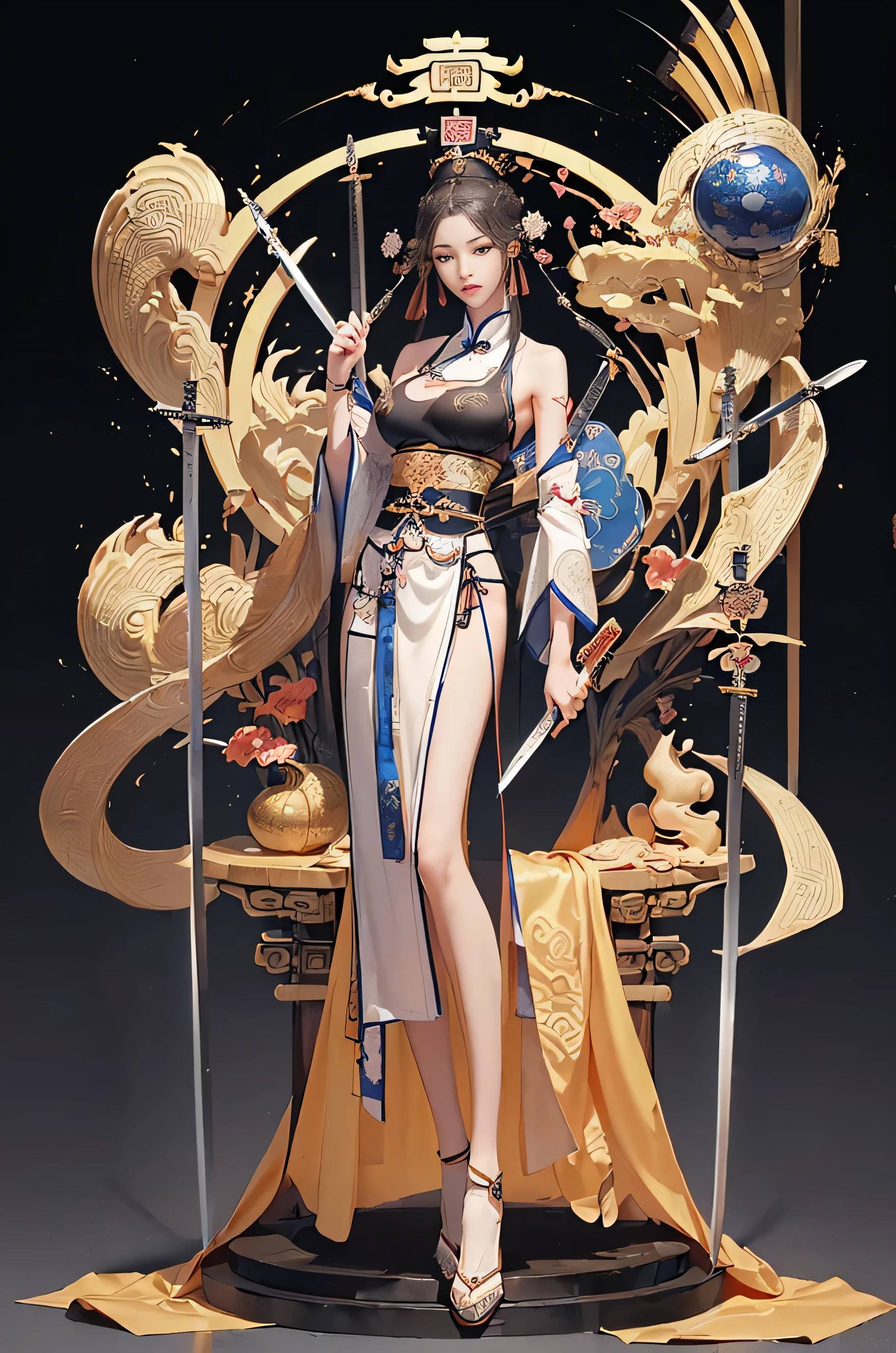 ((Sculpture Design))，((Full body portrait:1.6))，((immortal))，((masterpiece))，【to create a logo：(woman)，(Chinese Mythology:1.5)，(A woman has two Tang swords next to her.:1.6)，(，Milf，Mature，Big breasts and thin waist，Long Law，Goddess Fan，Exposing breasts，)，(Dynamic poses)，(Full figure)，(Perfect Woman)，(#11: Long Silver Layered Hair:1.4)，Earrings and Nipple Rings，((Headdress symbolizing God))】，((The skirt flutters))，(Dunhuang:1.2)，((Sexual suggestion))，(Computer Graphics Art:1.4)， (Fractal Art: 1.2)，(( 32K，high resolution，Ultra HD，))， (( professional quality，Perfect photography， Ray Tracing， perfect volumetric lighting， hight quality octane render， High quality vector))， ((Ultra Detail:1.2，Intricate details:1.2))， ((Ultra-realistic photos，Realistic，3D Rendering))，((Epic Image))，(Blind box toy styles：1.6)，((Simple background，Dark background:1.2，black background))，((Delicate face))，((Delicate eyes))，((Cleansing the skin))，（The right hand：1.6），（Complete and beautiful five fingers：1.6），（Anatomically correct limbs:1.6），(Anatomically correct perspective and occlusion：1.5)，（Correct anatomy：1.5），(Add a foundation:1.6)，(Tangled pedestal::1.6)，(Character Center:1.4)，