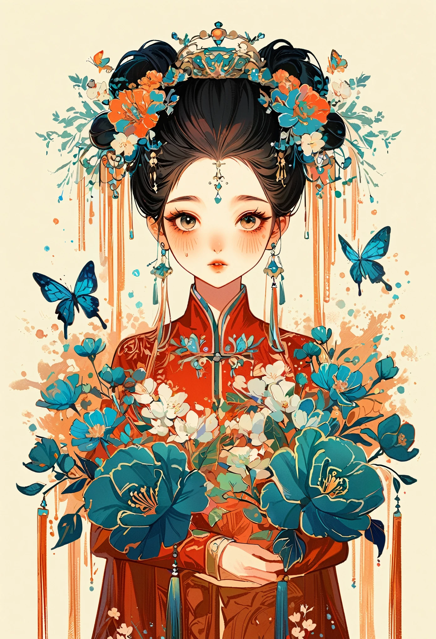 1 sister, Solitary, looking at the audience, Blushed, background, black hair color, Hair accessories, Long sleeve, White background, eternal, Full body female, Flowers in bloom, purple, Flowering, OK, Butterfly, masterpiece, Recent quality, The best details, Clear facial features, beautiful eyes , cool color theme 