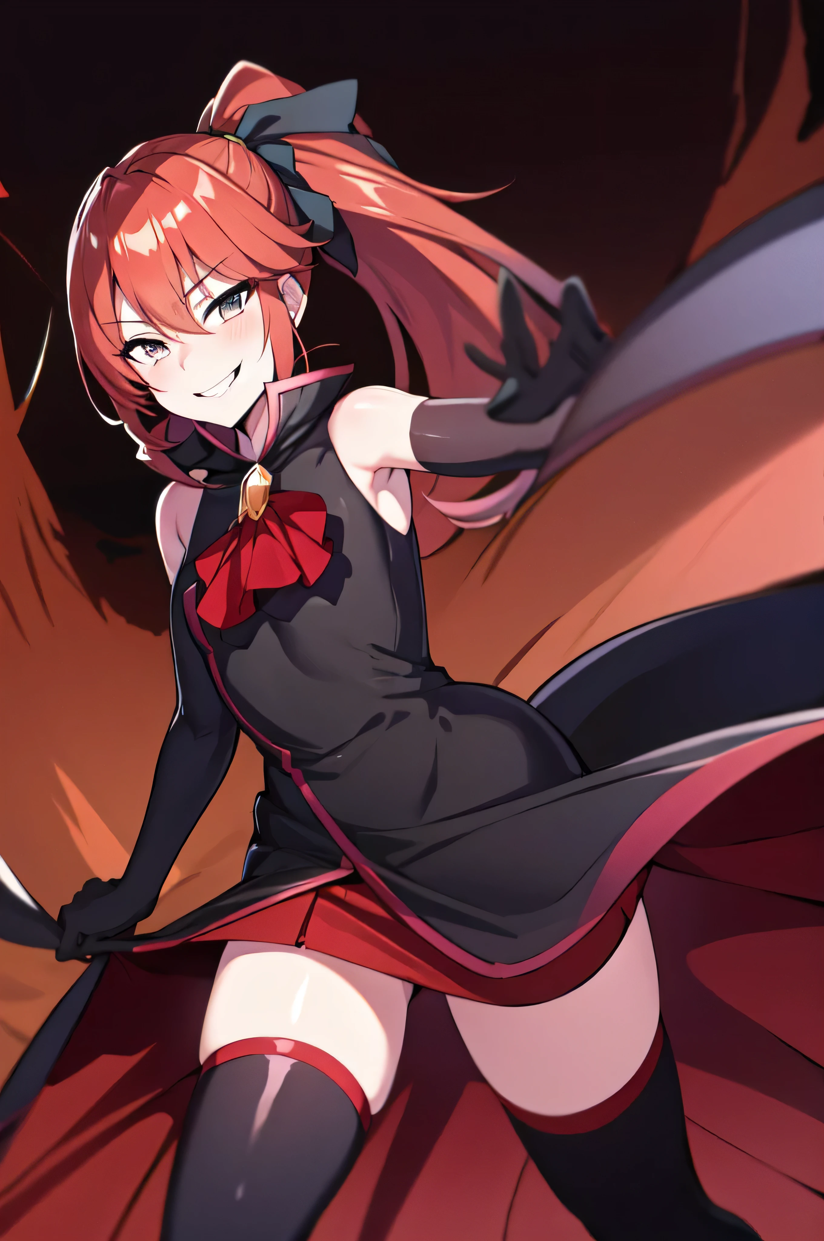 Highest quality, masterpiece, One Girl,Not beautiful, Red Ponytail, Long dress, brooch, Hair Ribbon, Black knee socks, Standing on the rubble, (Wicked Smile:1.1), ,,Dark shadowed face,Sadistic smile,Malice,Contempt,smile,latex,Bad face,,Red Skirt,two hands,Two legs,five fingers,evil background,elbow gloves,latex, Wicked Smile, devilish aura (Shiny fabric:1.5),Dark world background,solo,