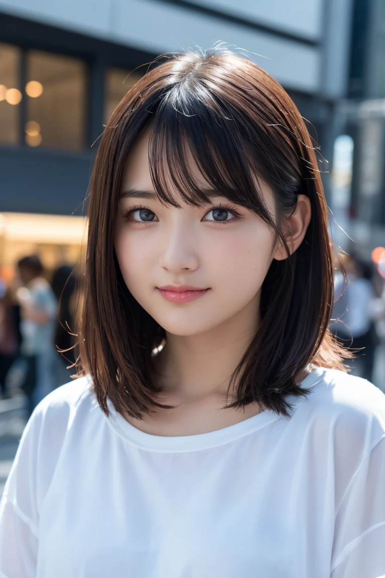 masterpiece、1 girl、View from the front、Japanese、Very cute woman、(The cutest girl in the world)、30 year old student、Makes your face smaller、smile、Very cute face、Glossy Lips、Double eyelids on both eyes、Natural Makeup、Long eyelashes、Shiny and smooth light brown hair、bangs、Center image、8k resolution、Advanced Details、Detailed hairstyle、Detailed face、Great cinema lighting、Vibrant、Ultra-realistic、Perfect limbs、Perfect Anatomy, Spring 2024, Tokyo, Popular summer clothes, The background is Shibuya、Cool clothes