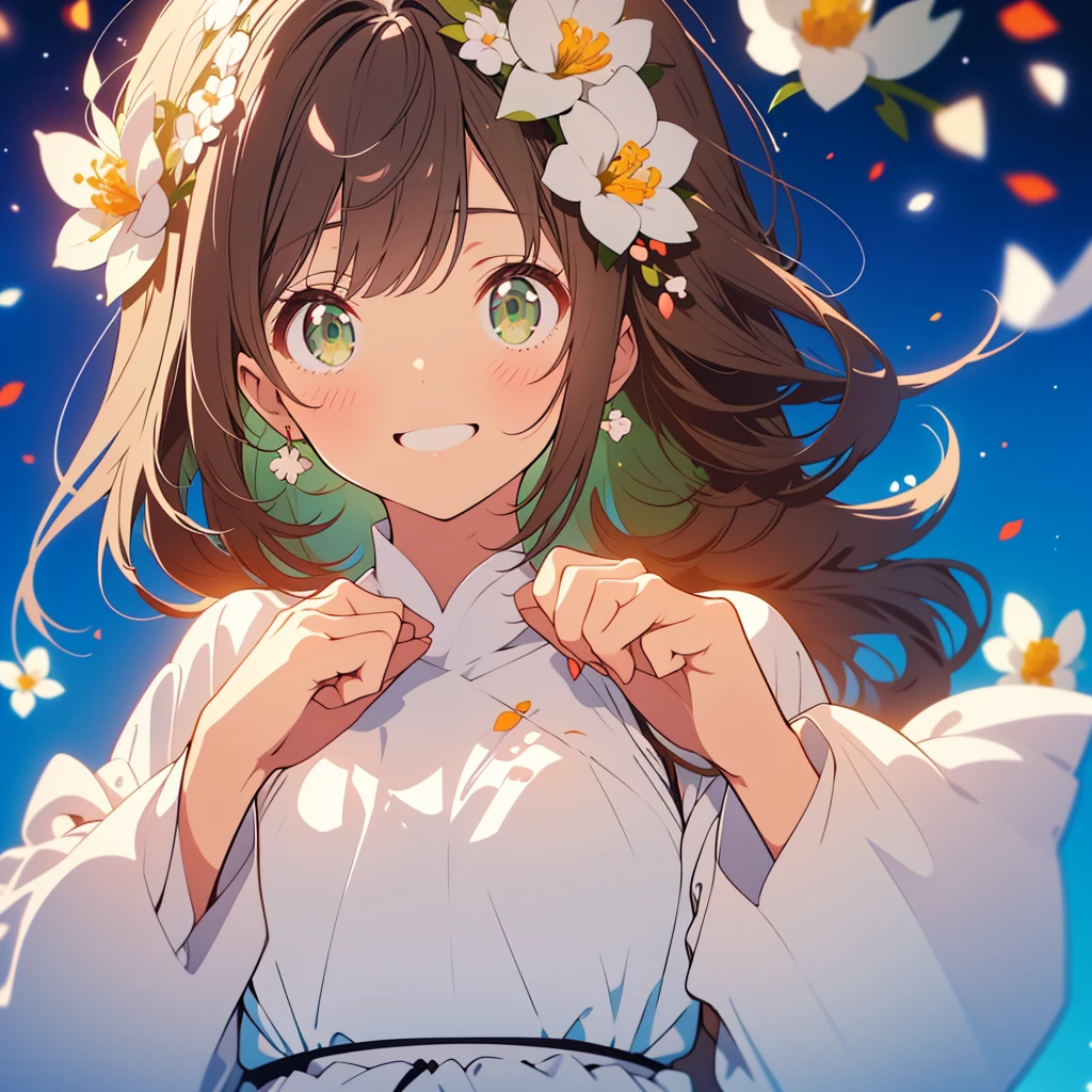 kawaii, anime, Cute, hyper quality, highly detailed, 8k, Clarity, Draw facial expressions in detail, Girl with long dark brown hair and green eyes, white camellia flower, raise the index fingers of both hands, white camellia petals, celebration, smile, raise your index finger, point up with your index finger, whole body, moonlight, highlight on eyes, Pure white dress,