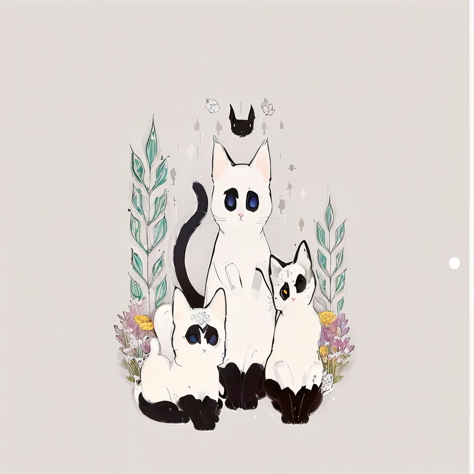 a white cat with black eyes and two black cats sitting on a flower, cat design, cute digital art, cats cat dreamcats, cat cat dreamcats, cute cats, cute detailed digital art, cute art style, illustrated in whimsical style, cute artwork, cute illustration, cats, cute detailed artwork, aesthetic siamese cat, catscatscats, goth family