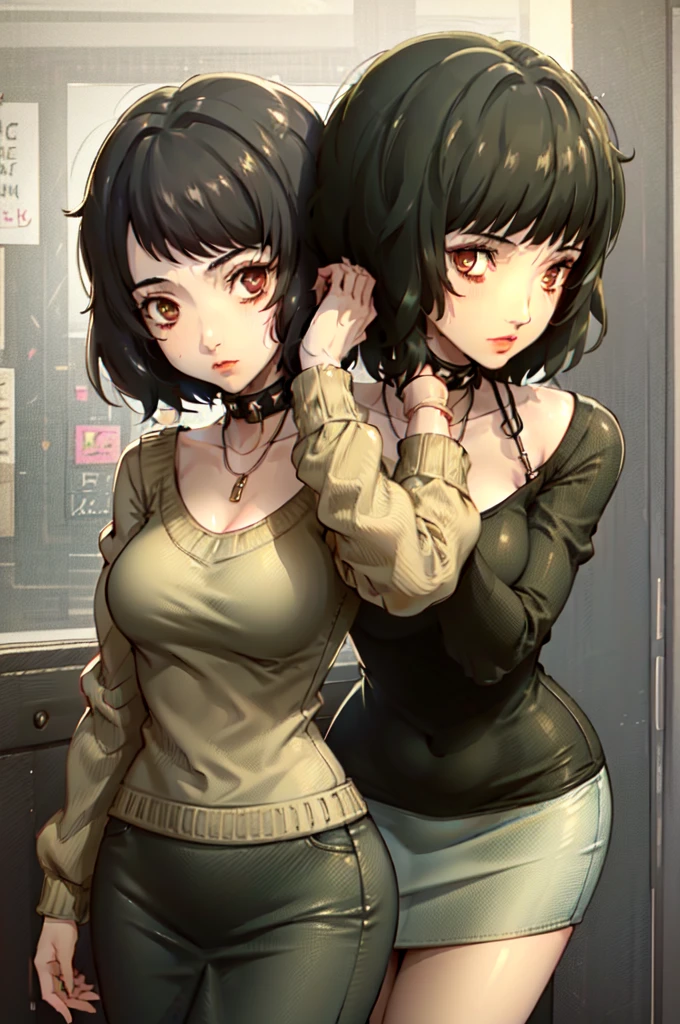 (masterpiece, best quality:1.2), , solo, 1girl, two heads, kawakami sadayo, expressionless, closed dmouth, looking at viewer, hand in own hair, yellow shirt, long sleeves, pencil skirt, next to Takemi Tae