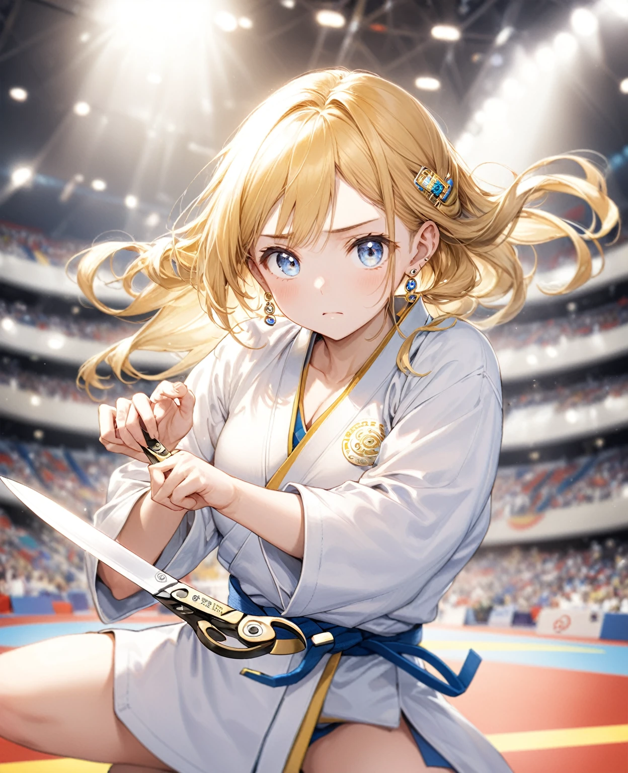 (Highest quality,8k,32K,masterpiece,Ultra-high resolution :1.2 ),born,One girl,Super cute,Natural light,Clear, shining eyes,20-year-old,Fair skin,Olympic venue electronic world fantasy background,The noble earrings are shining,The noble necklace shines,Golden Hair,Judo,Holding scissors,Long Hair,Doing judo,Serious expression,Stuffy