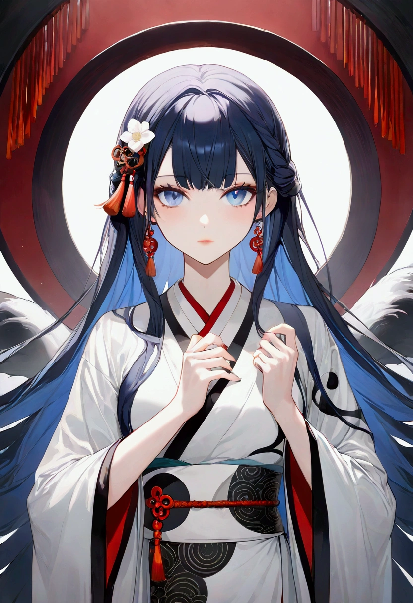 A girl with dark blue hair, blue eyes, fair skin tone, slender and athletic built, ying yang robes, detailed hair, detailed body, aesthetic, best quality, 8k