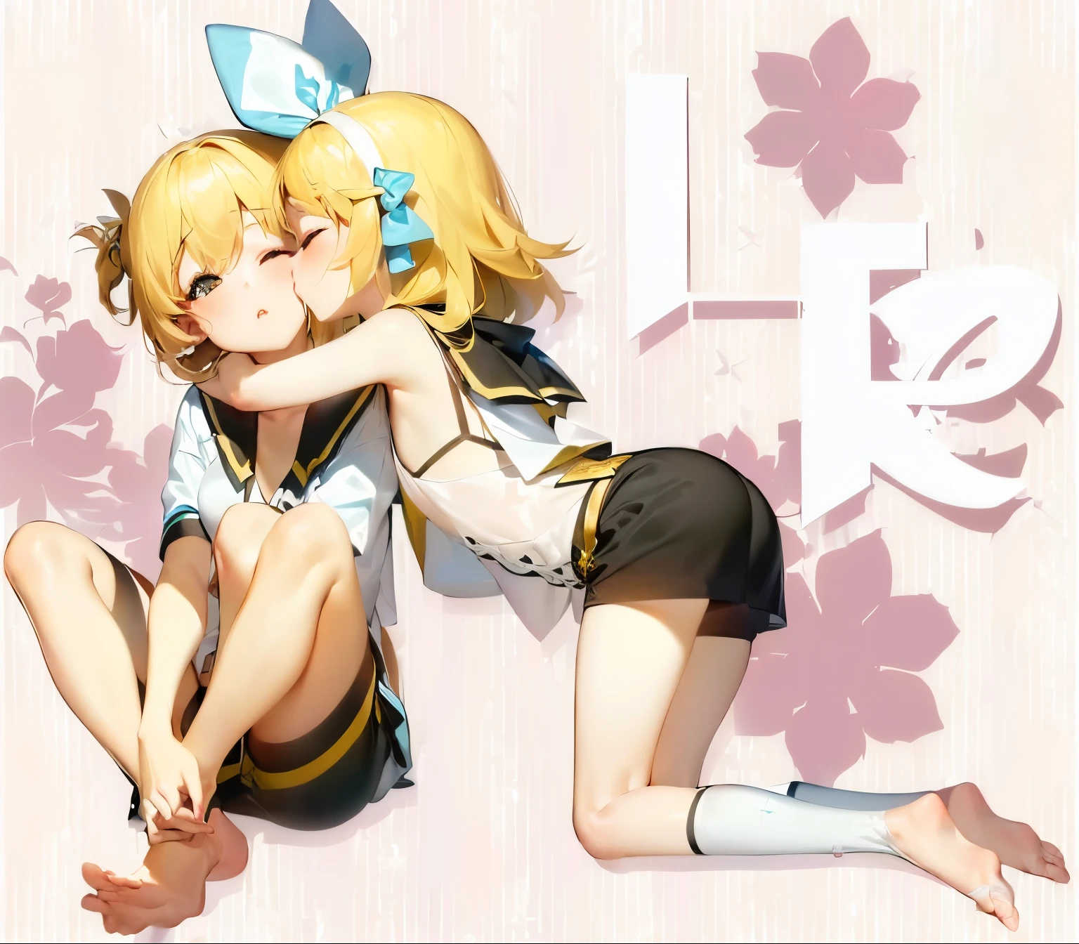 2girls, kissing cheek, side cutout, sideless outfit, puckered lips, lips, closed mouth, closed eyes, masterpiece, best quality, absurdres, girl kissing girl on cheek, dynamic lighting, lighting effect