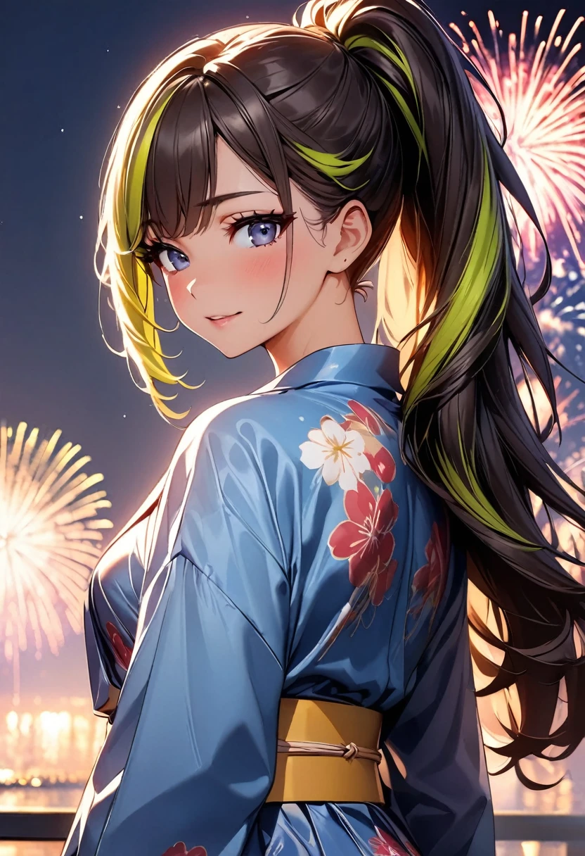 (highest quality:1.2, Very detailed, up to date, Vibrant, Ultra-high resolution, High Contrast, masterpiece:1.2, highest quality, Best aesthetics), Portraiture、girl、((25 years old:1.5)), (slim:1), 25 years old, (japanese traditional yukata), floral pattern yukata, sky blue color, thick yellow obi, Bright colors、Beautiful fine details、Beautiful lip detail、long hair、ponytail, white and yellow green ((streaked hair:1.6)), highlights hair: 1.5, (small breast,:1) (tan skin:1.1), There is a galaxy in the dark night sky, (Splendid fireworks bloom in the dark night sky),(Masterpiece fireworks),(Colorful fireworks explode in the sky), Fireworks large and small, cowboy shot:1.5, look at viewer