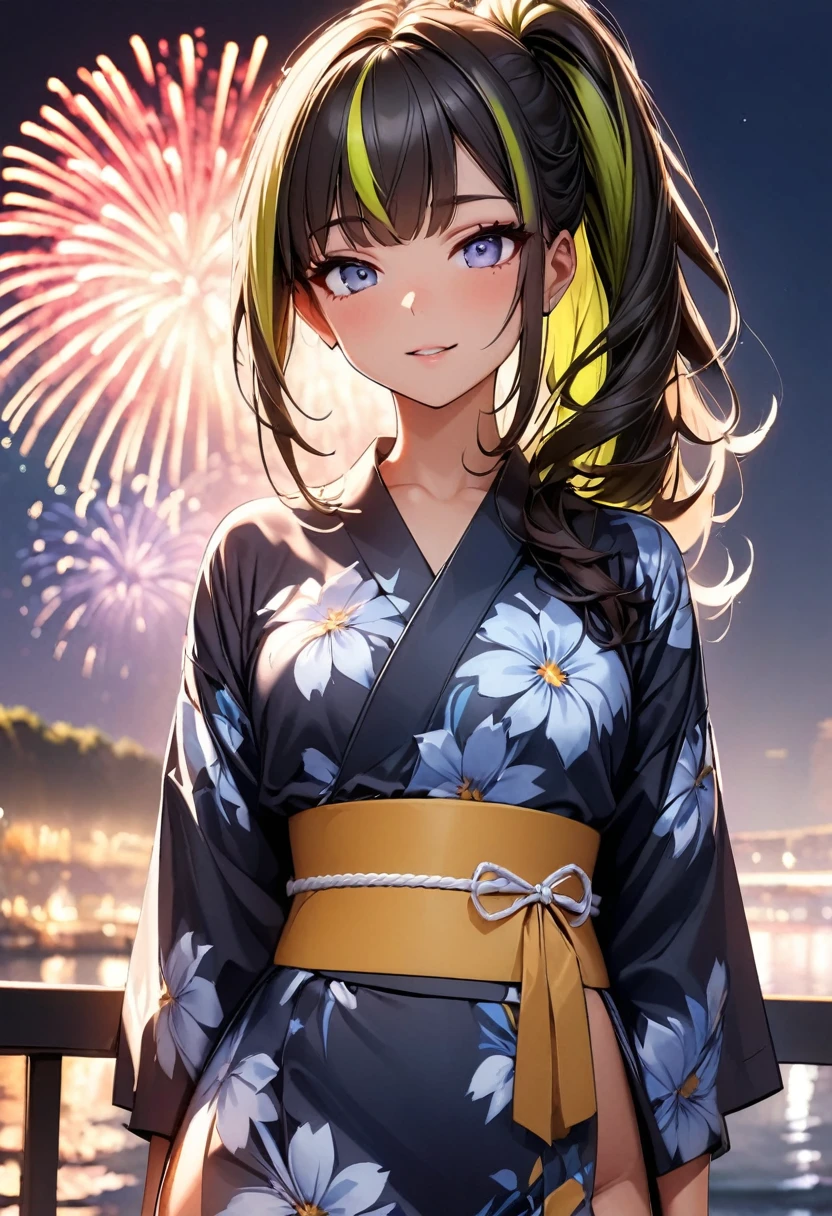 (highest quality:1.2, Very detailed, up to date, Vibrant, Ultra-high resolution, High Contrast, masterpiece:1.2, highest quality, Best aesthetics), Portraiture、girl、((25 years old:1.5)), (slim:1), 25 years old, (japanese traditional yukata), floral pattern yukata, sky blue color, thick yellow obi, Bright colors、Beautiful fine details、Beautiful lip detail、long hair、ponytail, white and yellow green ((streaked hair:1.6)), highlights hair: 1.5, (small breast,:1) (tan skin:1.1), There is a galaxy in the dark night sky, (Splendid fireworks bloom in the dark night sky),(Masterpiece fireworks),(Colorful fireworks explode in the sky), Fireworks large and small, cowboy shot:1.5, look at viewer