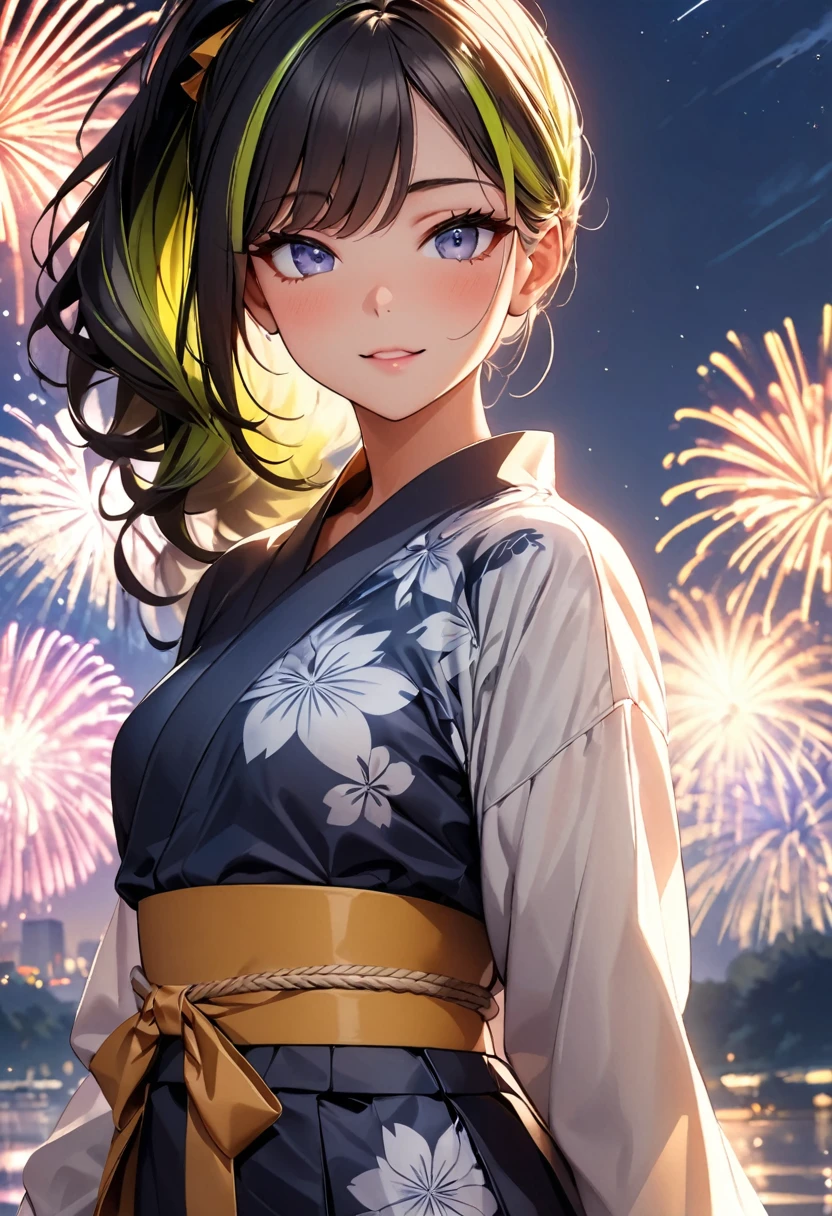 (highest quality:1.2, Very detailed, up to date, Vibrant, Ultra-high resolution, High Contrast, masterpiece:1.2, highest quality, Best aesthetics), Portraiture、girl、((25 years old:1.5)), (slim:1), 25 years old, (japanese traditional yukata), floral pattern yukata, sky blue color, thick yellow obi, Bright colors、Beautiful fine details、Beautiful lip detail、long hair、ponytail, white and yellow green ((streaked hair:1.6)), highlights hair: 1.5, (small breast,:1) (tan skin:1.1), There is a galaxy in the dark night sky, (Splendid fireworks bloom in the dark night sky),(Masterpiece fireworks),(Colorful fireworks explode in the sky), Fireworks large and small, cowboy shot:1.5, look at viewer