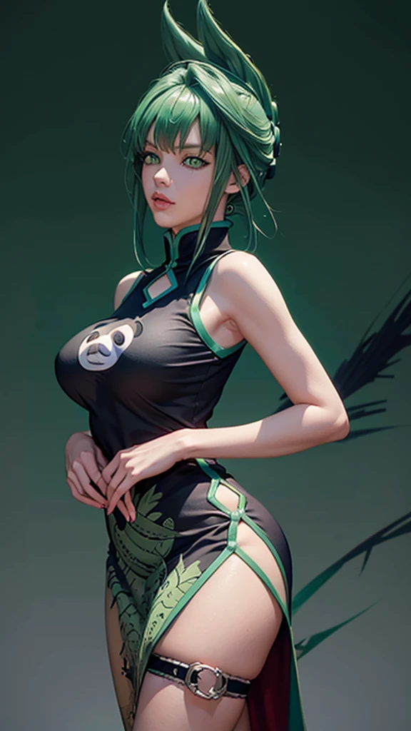 (masterpiece, best quality), 1girls, beautiful face,  jun tao, (green eyes:1.5), green hair, hair between eyes, Big Breasts, animal print, bear print, black dress, china dress, chinese clothes, dress, air, hip vent, panda print, side slit, sleeveless, sleeveless dress, thigh strap,