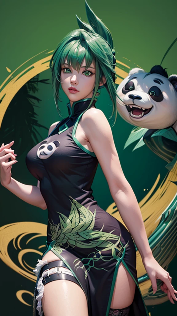 (masterpiece, best quality), 1girls, beautiful face, jun tao, (green eyes:1.5), green hair, hair between eyes, Big Breasts, animal print, bear print, black dress, china dress, chinese clothes, dress, air, hip vent, panda print, side slit, sleeveless, sleeveless dress, thigh strap,