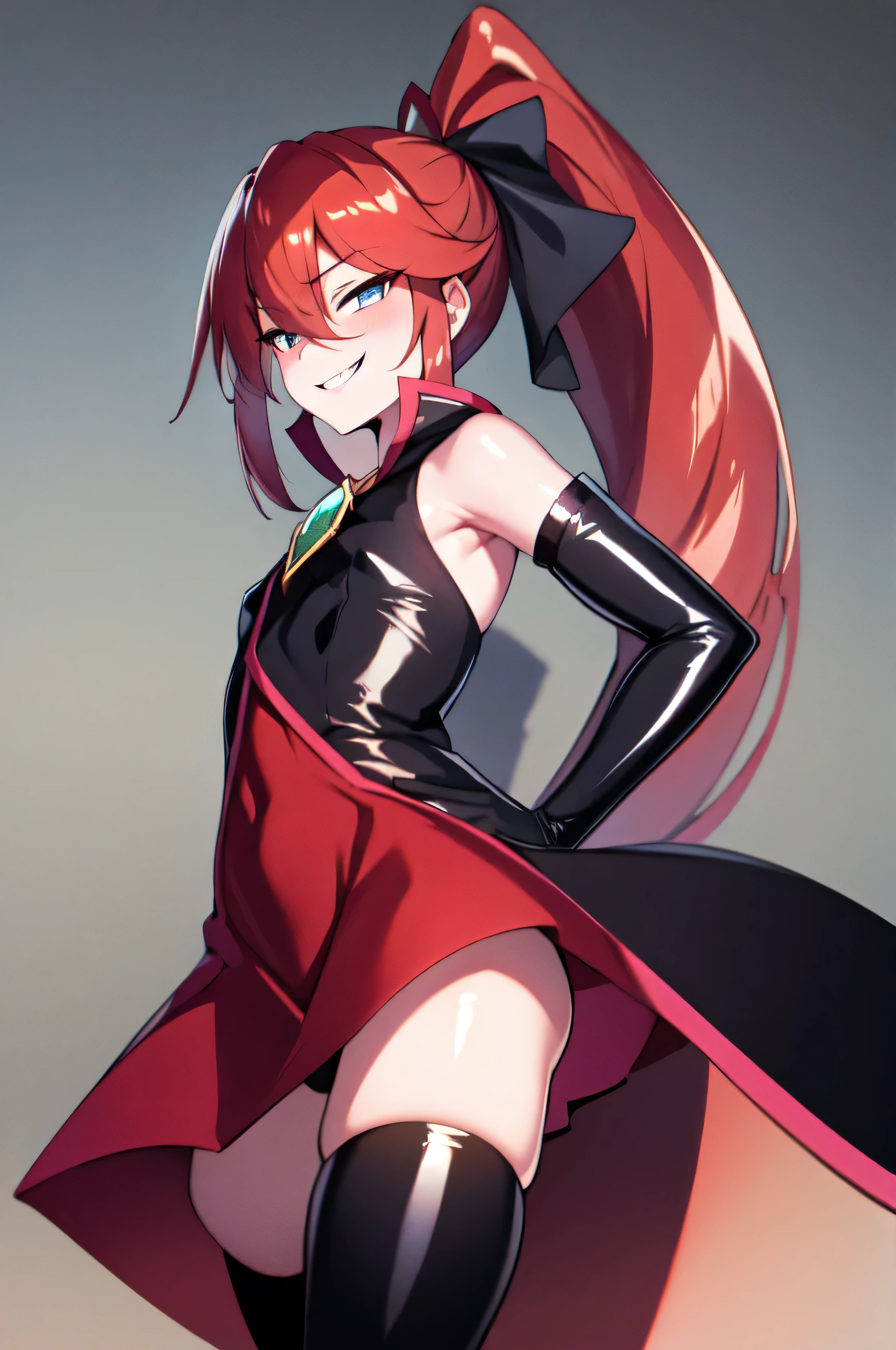 Highest quality, masterpiece, One Girl,Not beautiful, Red Ponytail, Long dress, brooch, Hair Ribbon, Black knee socks, Standing on the rubble, (Wicked Smile:1.1), ,,Dark shadowed face,ic smile,Malice,Contempt,smile,latex,Bad face,,Red Skirt,two hands,Two legs,five fingers,evil background,elbow gloves,latex, Wicked Smile, devilish aura (Shiny fabric:1.5),Dark world background,solo,