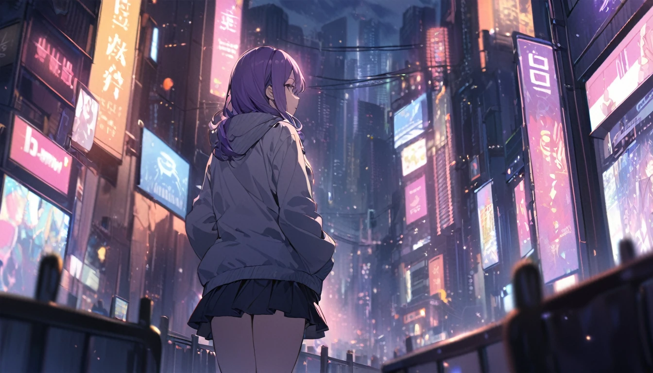 1 short purple haired girl, wearing a light jacket and short skirt, standing in the middle of the night city, with the city light (somewhat blurry), ((HD wallpaper desktop)), grim weather, Position of hands behind his back, looking at the audience, ((city lights are a bit blurry))
