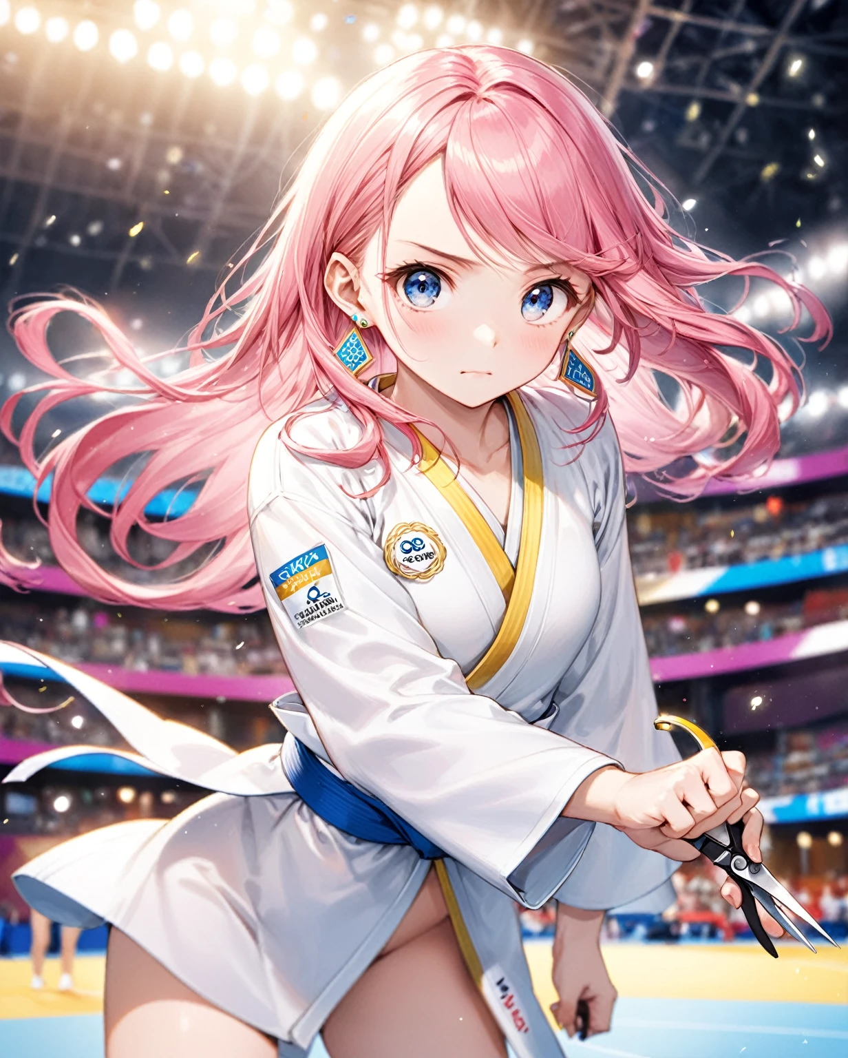 (Highest quality,8k,32K,masterpiece,Ultra-high resolution :1.2 ),born,One girl,Super cute,Natural light,Clear, shining eyes,20-year-old,Fair skin,Olympic venue electronic world fantasy background,The noble earrings are shining,The noble necklace shines,Pink Hair,Judo,Holding scissors,Long Hair,Doing judo,Serious expression,Stuffy