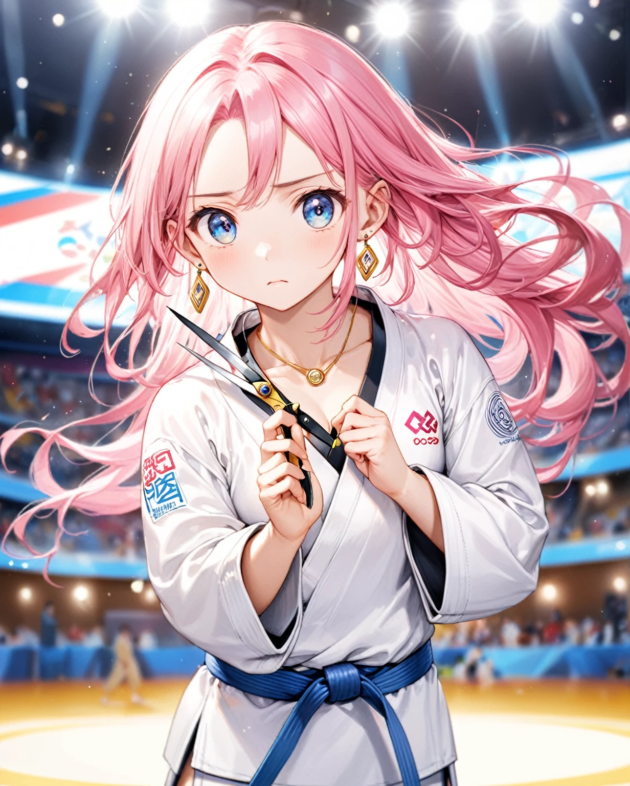 (Highest quality,8k,32K,masterpiece,Ultra-high resolution :1.2 ),born,One girl,Super cute,Natural light,Clear, shining eyes,20-year-old,Fair skin,Olympic venue electronic world fantasy background,The noble earrings are shining,The noble necklace shines,Pink Hair,Judo,Holding scissors,Long Hair,Doing judo,Serious expression,Stuffy