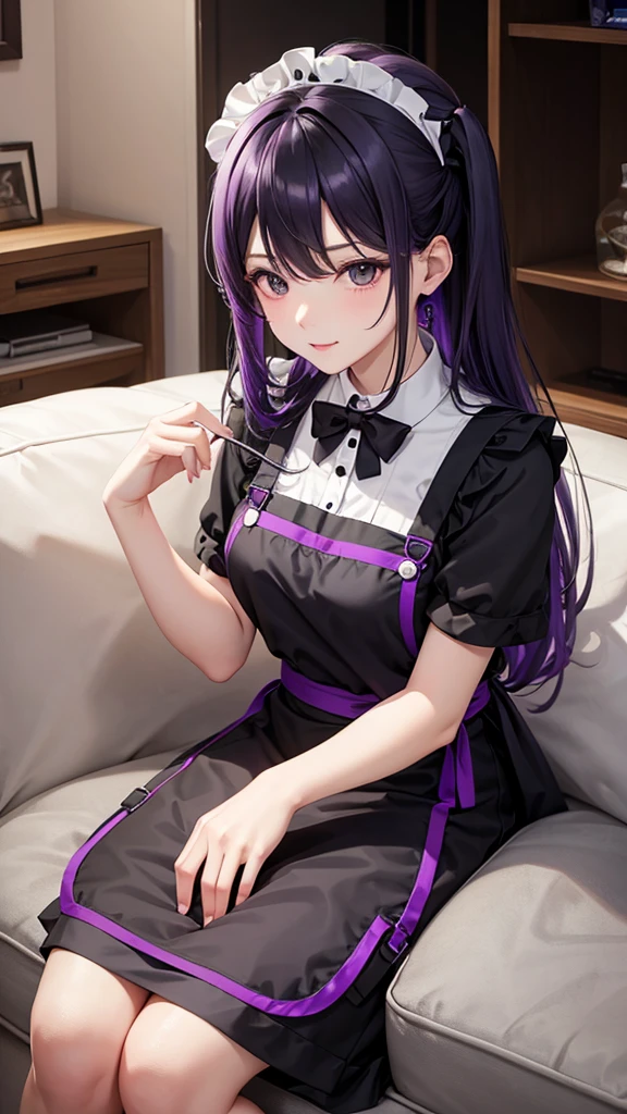 Black and purple hair、indoor、Sit on the sofa、Apron appearance、One Woman、sex appeal、