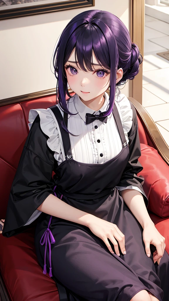 Black and purple hair、indoor、Sit on the sofa、Apron appearance、One Woman、sex appeal、