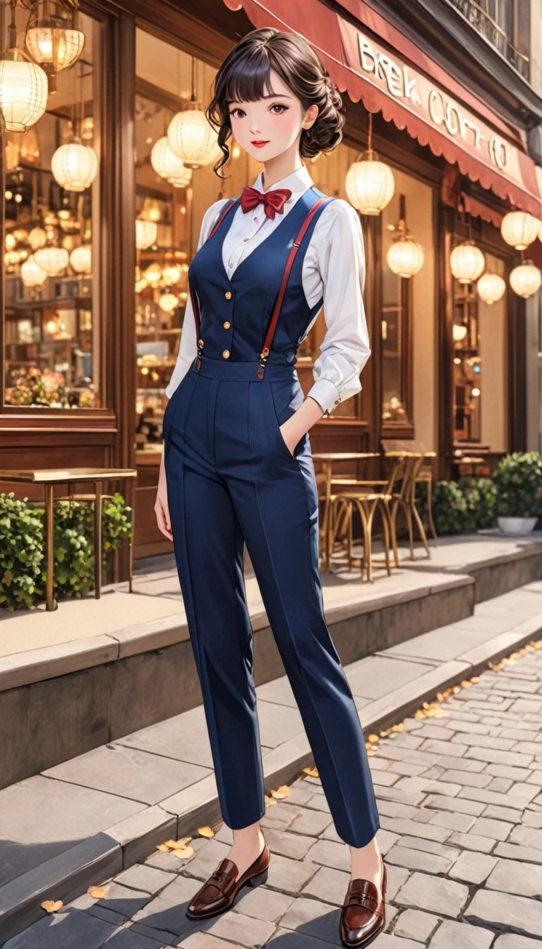 (Highest quality、masterpiece、High resolution、detailed), (Realistic skin texture:1.3), (detailedな目、Beautiful Face), One girl,, 3D Anime Real,, rtrophto1
break
//Fashion Vintage Chic,
Get retro vibes with a vintage chic outfit complete with bow tie and suspenders, Start with a tailored vest or waistcoat in a classic color like black., Navy blue, or charcoal grey, Pair with high-waisted pants or a pencil skirt for a sophisticated silhouette.。, Pair a crisp white button-down shirt with a colorful bow tie、Your individuality stands out。,
break
Layer on a pair of matching suspenders for a stylish and functional touch, Complete the ensemble with polished oxfords or loafers.、Wear your hair in soft waves or a sleek updo。, This vintage-inspired costume、Perfect for theme parties and cosplay events。, It embodies the timeless elegance of old Hollywood glamour.,
break