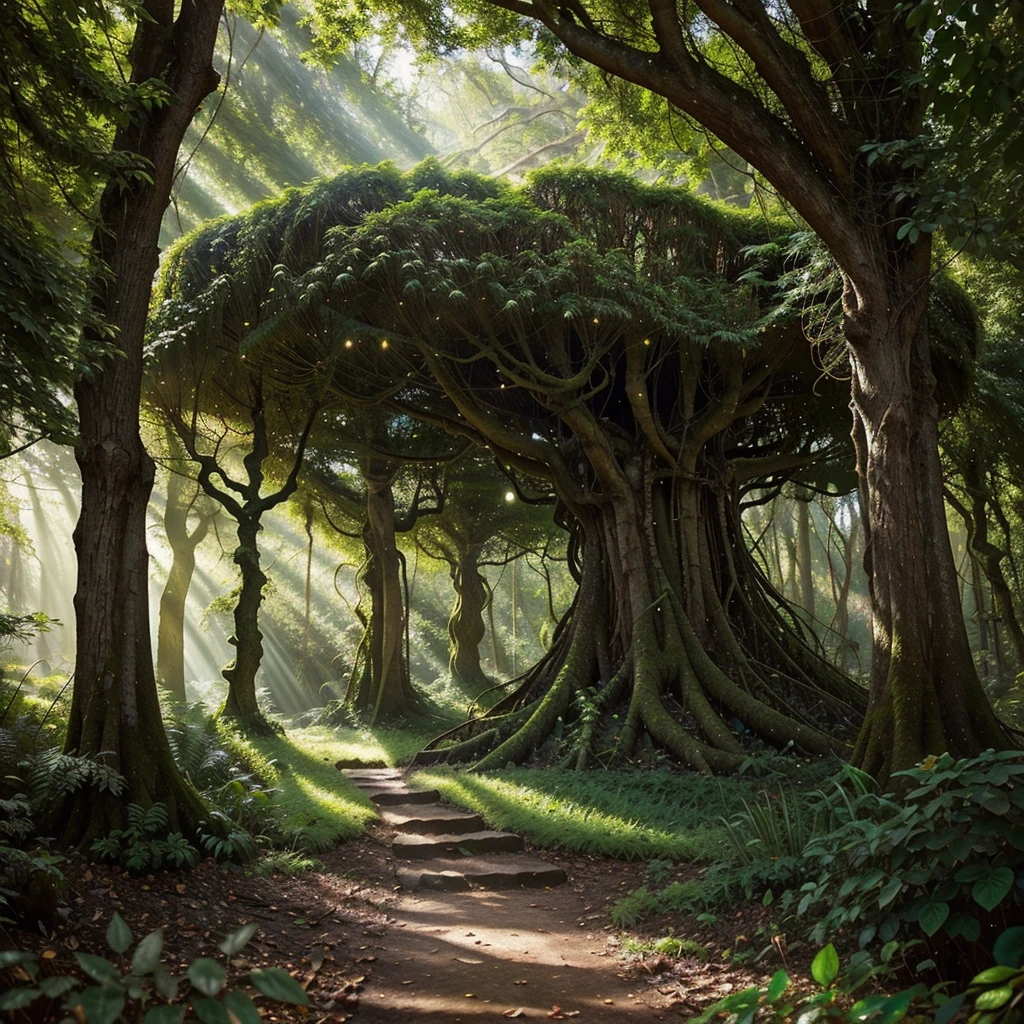 a mystical forest, giant magical trees, glowing mushrooms, overgrown vines, sunbeams piercing through the canopy, fantasy landscape, intricate details, lush vegetation, vibrant colors, whimsical atmosphere, dramatic lighting, surreal and dreamlike