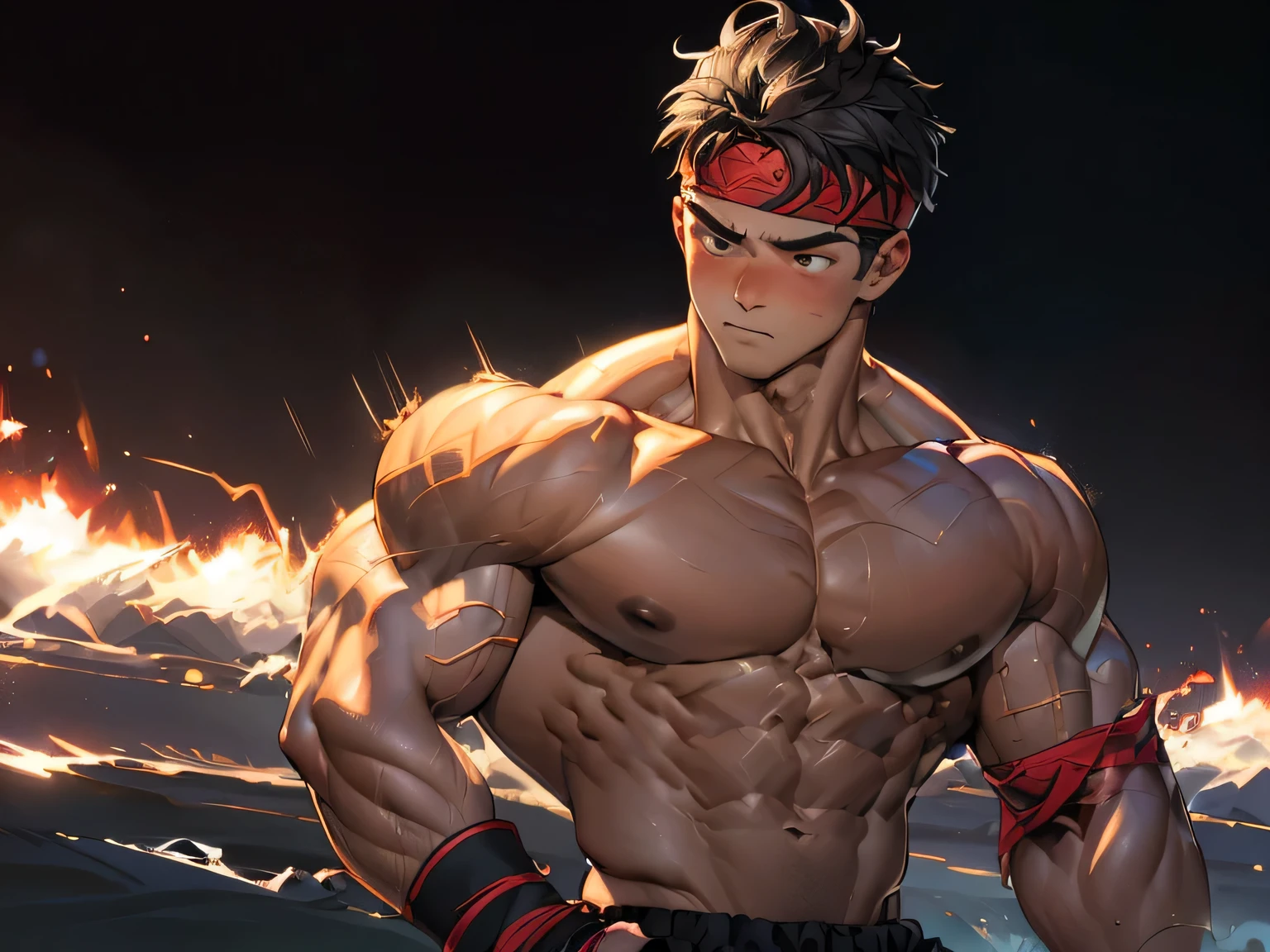 ((masterpiece, best quality)), (((((1boy, solo, black background, deep night, male focus, upper body))))), (19 year old boy, worm eyes, Young boy, muscler, Shirtless, topless), ((((flesh, tough, reliable, developed body, fight, conbats, cool, action, fighting pose)))), (black Short straight hair, ((almost completely shaved hair)), under cut, brown eyes), (((red headband, black wristband))), Vivid colors, ((muscular muscular body, imposing body, Imposing appearance, muscular arms, trapezoid torso, sturdy body, muscular body, defined round and fleshy pecs, defined washboard ABS, defined armsmuscular)), muscler!, muscler body, detailed face, detailed muscle, (((rippling muscles, Flowing his energy, giving off an aura of holy power, his energy waves, and wind to emphasize the power of his magic. Highlight his aura, holy aura effect, energy stream)))