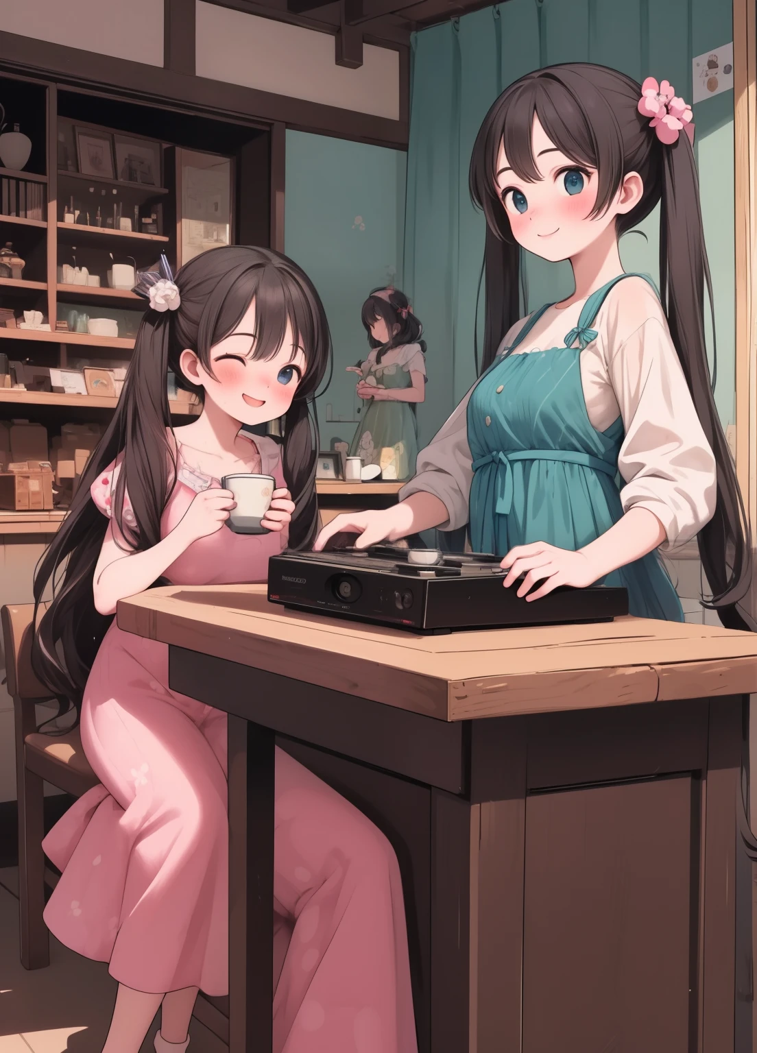 (masterpiece、Highest quality、Highest quality、Official Art、Beautiful and beautiful:1.2)、(One girl:1.3)Hatsune Miku、Twin tails,Beautiful breasts, Katsushika Hokusai,Highest quality、masterpiece、Two women having fun in a retro coffee shop。In the scene drawn over the counter、Old record players and antique lamps decorate the shop。The camera is at the same level as them..、Their smiles give them a sense of happiness.。
