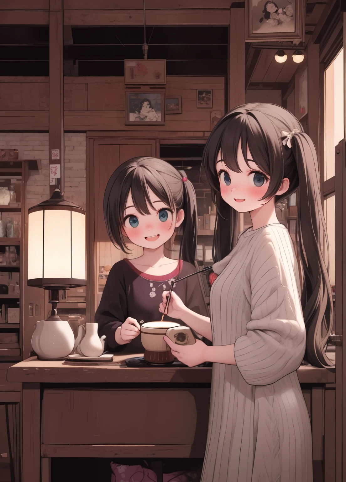 (masterpiece、Highest quality、Highest quality、Official Art、Beautiful and beautiful:1.2)、(One girl:1.3)Hatsune Miku、Twin tails,Beautiful breasts, Katsushika Hokusai,Highest quality、masterpiece、Two women having fun in a retro coffee shop。In the scene drawn over the counter、Old record players and antique lamps decorate the shop。The camera is at the same level as them..、Their smiles give them a sense of happiness.。