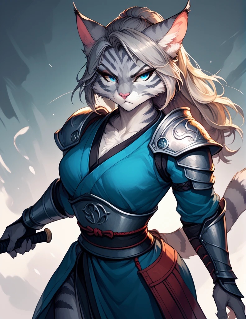 score_9,score_8_up,score_7_up, score_6_up, score_5_up,source_anime, Kat, Anthro furry feline, silver fur, blue eyes, furrowed eyebrows, pink nose, :3, female, wearing Samurai Armor, form fitting, seductive pose, serious expression, cowboy shot, swinging sword 