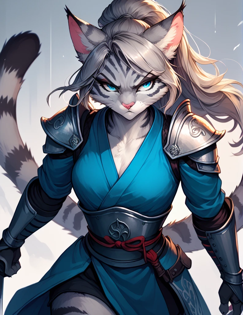 score_9,score_8_up,score_7_up, score_6_up, score_5_up,source_anime, Kat, Anthro furry feline, silver fur, blue eyes, furrowed eyebrows, pink nose, :3, female, wearing Samurai Armor, form fitting, seductive pose, serious expression, cowboy shot, swinging sword