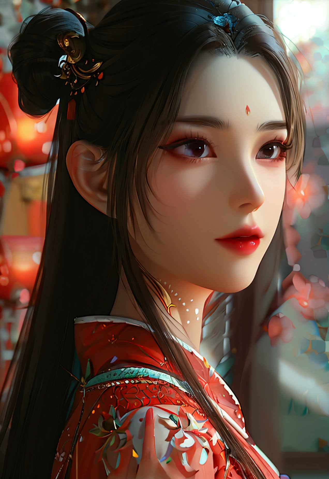 4K, UHD, Masterpiece, 1 woman, perfect body, Good page., long hairมาก, ((white skin)), red chinese dress, bare waist, Fuji Color, depth of field, Ray Tracing, Ultra Realistic Details, Attractive poses, She has a slim, beautiful, and delicate face.., sharp eyes, long hair, responsive face, high nose, and thin lips, Her skin was white and radiant.., She has light brown hair.., And her figure was slim and slightly muscular.