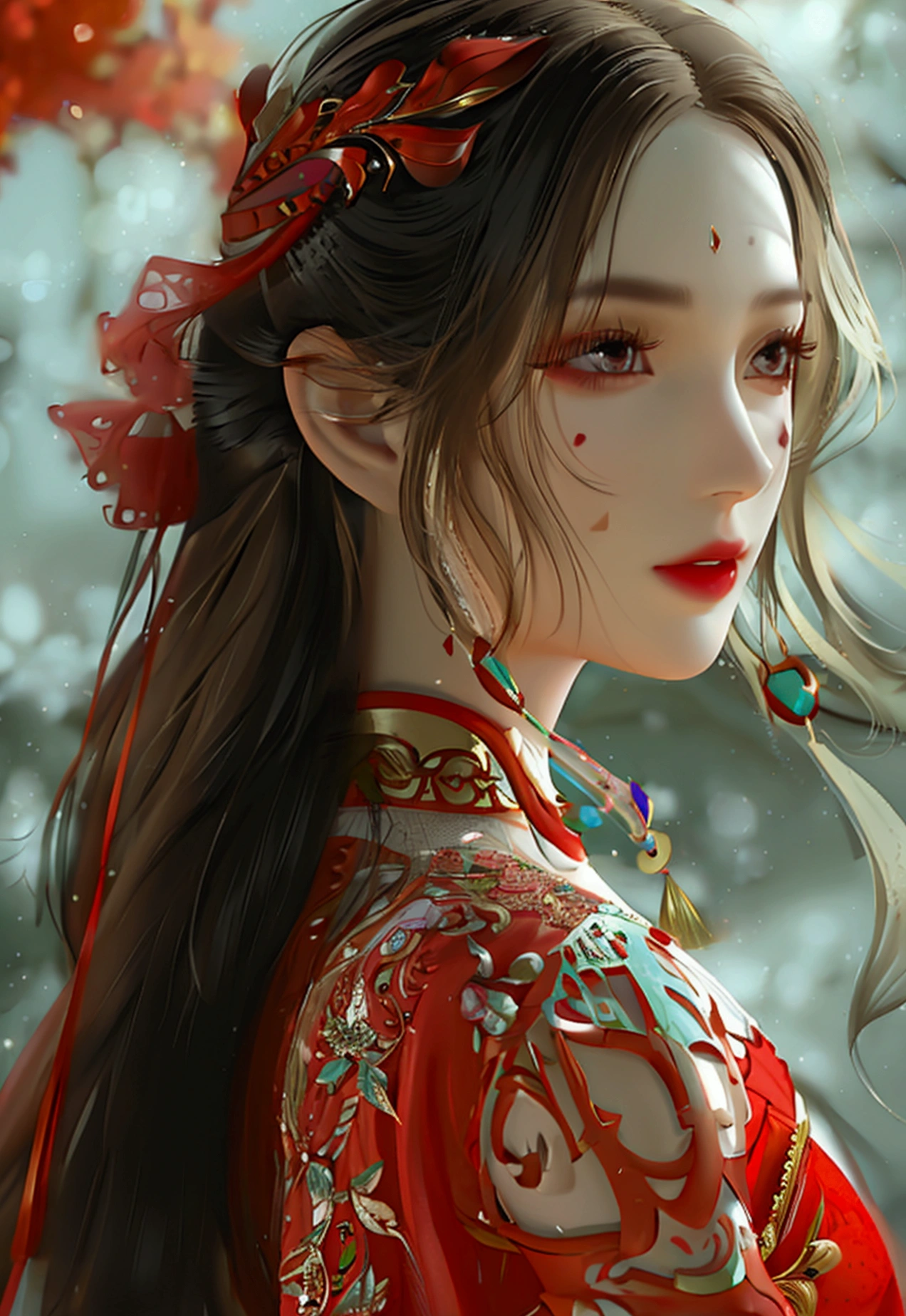 4K, UHD, Masterpiece, 1 woman, perfect body, Good page., long hairมาก, ((white skin)), red chinese dress, bare waist, Fuji Color, depth of field, Ray Tracing, Ultra Realistic Details, Attractive poses, She has a slim, beautiful, and delicate face.., sharp eyes, long hair, responsive face, high nose, and thin lips, Her skin was white and radiant.., She has light brown hair.., And her figure was slim and slightly muscular.