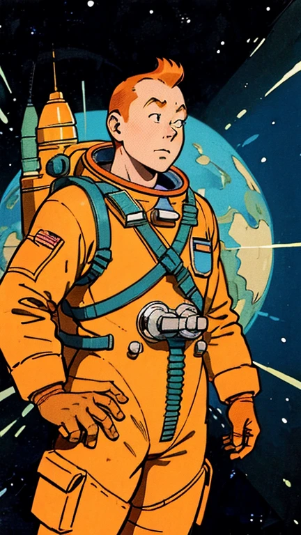 (Teens:1man: Tintin), (extremely detailed CG unit 8k wallpaper),(master part), (best quality), (ultra detali), (best illustration),(kirbywood, drawing, vintage color comics), cowboy shot, (Sharp eyeliner, ombre, detailed eyes:1),Dark midnight derelict spaceship interiors background, ,break , (astronaut in an orange space suit), upper body, short hair, orange hair