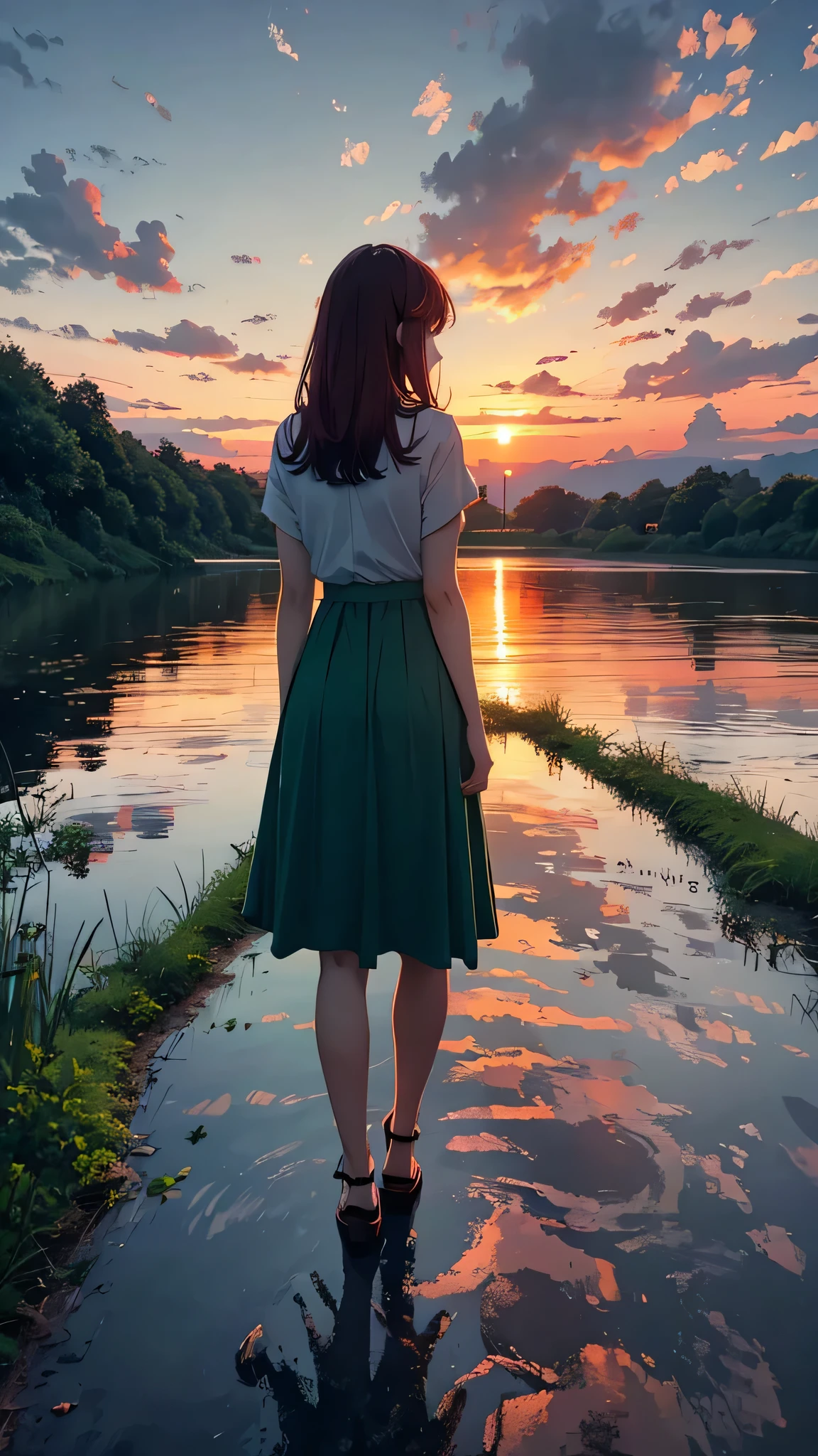 Every sunset carries the promise of a new dawn. Accept the outcome, Paving the way for a beautiful beginning. Nature painting. green, red tint, cloudy, sunset, green、A woman is reflected in the photo.、Back view