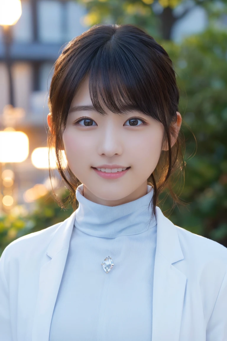 masterpiece, Highest quality, One Woman, (White coat、Light blue turtleneck:1.2), 22 years old、(RAW Photos, Highest quality), (reality, Realistic:1.4), Upper Body、Clean look、Iris、very detailed eyes and face, Beautiful and detailed nose, beautiful eyes, Cinema Lighting, (Plein Air:1.3), Fountain at night, Reflection of light, Perfect Anatomy、Black short hair、bangs、Crystal skin, A cool smile、Face Focus