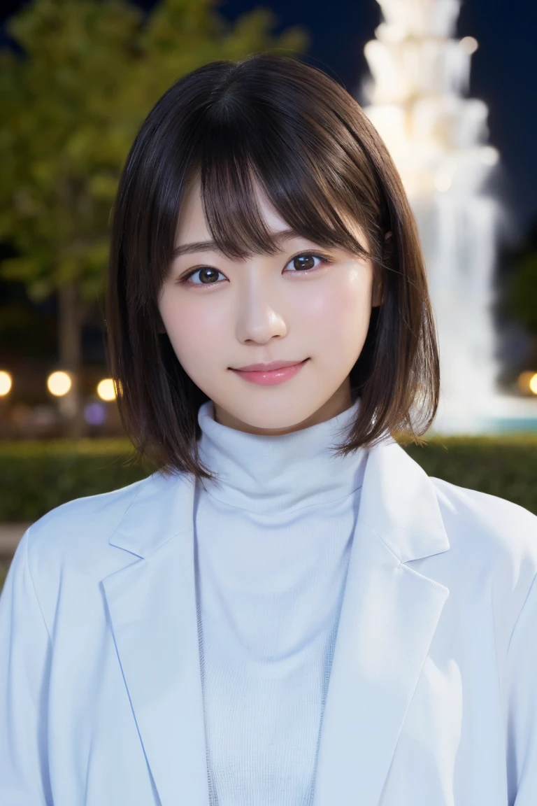 masterpiece, Highest quality, One Woman, (White coat、Light blue turtleneck:1.2), 22 years old、(RAW Photos, Highest quality), (reality, Realistic:1.4), Upper Body、Clean look、Iris、very detailed eyes and face, Beautiful and detailed nose, beautiful eyes, Cinema Lighting, (Plein Air:1.3), Fountain at night, Reflection of light, Perfect Anatomy、Black short hair、bangs、Crystal skin, A cool smile、Face Focus