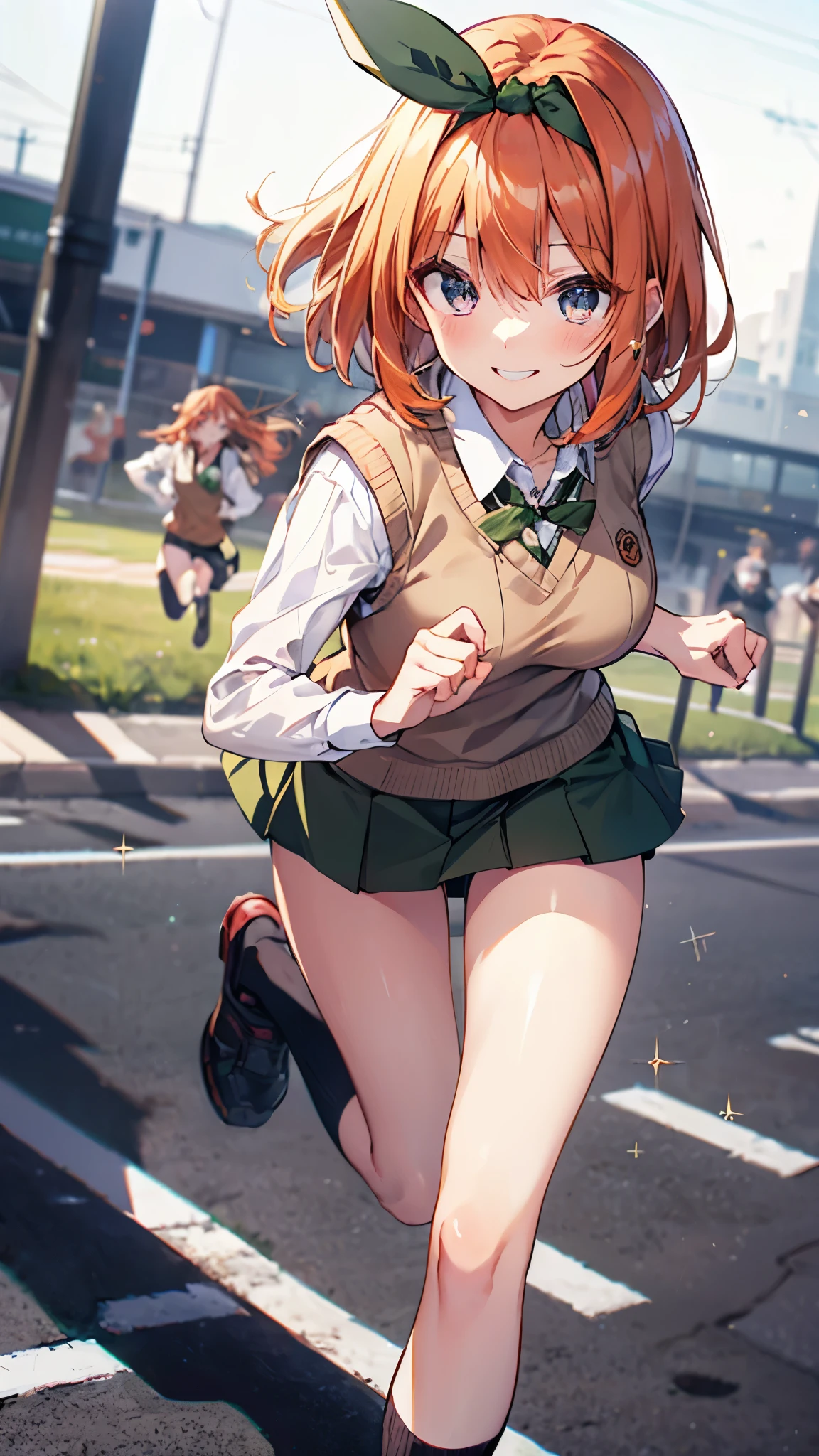 Yotsuba,Sweater Vest,Green Ribbon,green mini skirt,thighs,black socks,orange hair,short hair,smile,(running form:1.3),masterpiece,Noise Reduction,perfect anatomy,high resolution, ultra-detailed, ultra-detailed face,game cg,dutch angle ,beautiful detailed eyes,visualart,five fingers, perfect hands, perfect lighting, sparkling pupils,