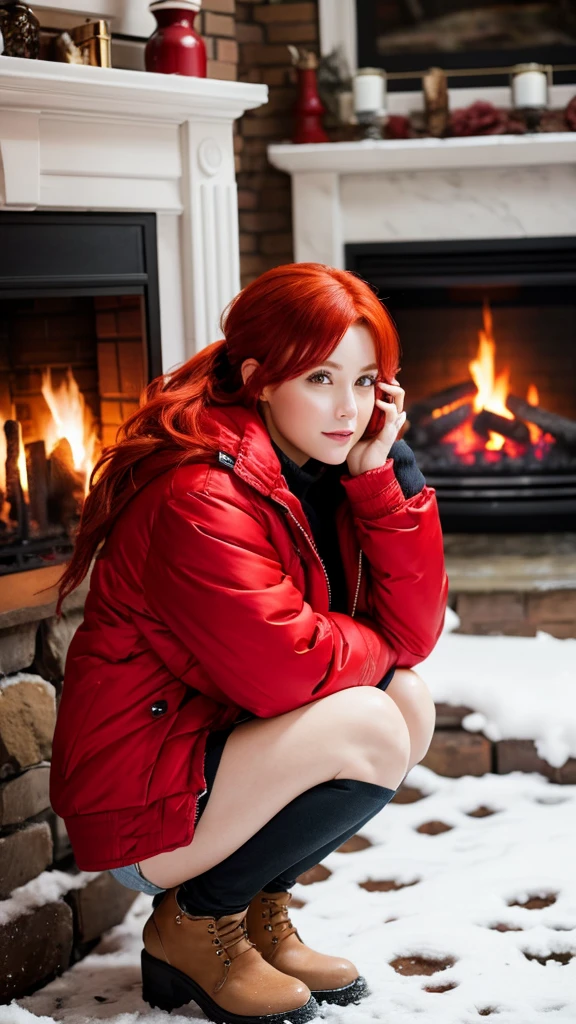 A beautiful woman with red hair and wearing a red down jacket squatting in front of a fireplace,snow on the window
