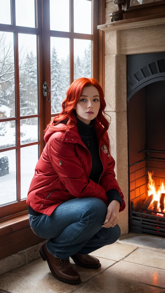 A beautiful woman with red hair and wearing a red down jacket squatting in front of a fireplace,snow on the window