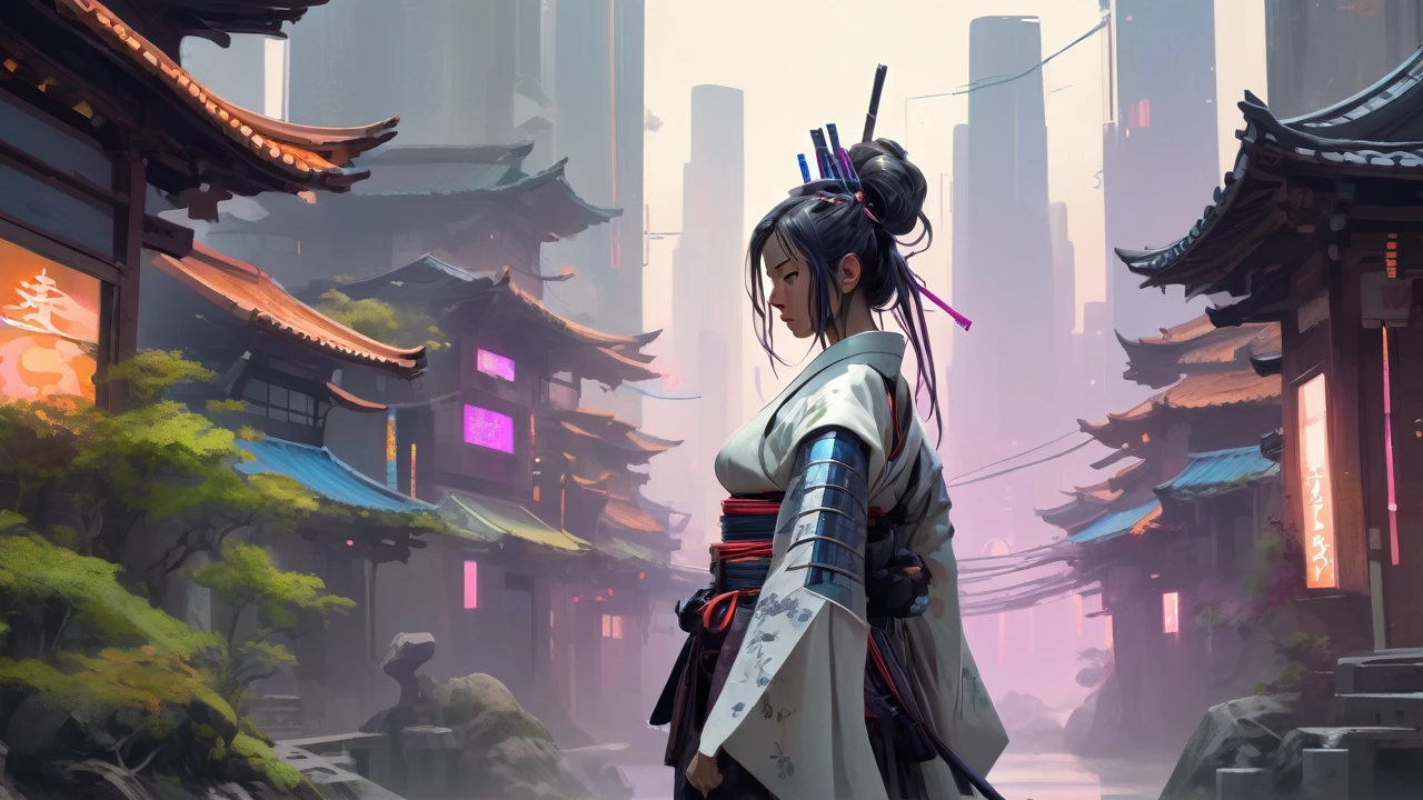 (concept art:1), in a street of a white membranous organically inspired pulsating city, the buildings glow internally with many bright colors, curvaceous, electric veins, metal beams, towering, interlocking, interconnected, organic, cosmopolitan, multicultural, traditional, bridges, crowded, utopia, nature, overgrown BREAK a traditional \(cyber fiber\) samurai princess, brooding, overwhelmed, wistful, melancholy, arm support, sharp focus, wide angle, landscape, dichotomy, severanc