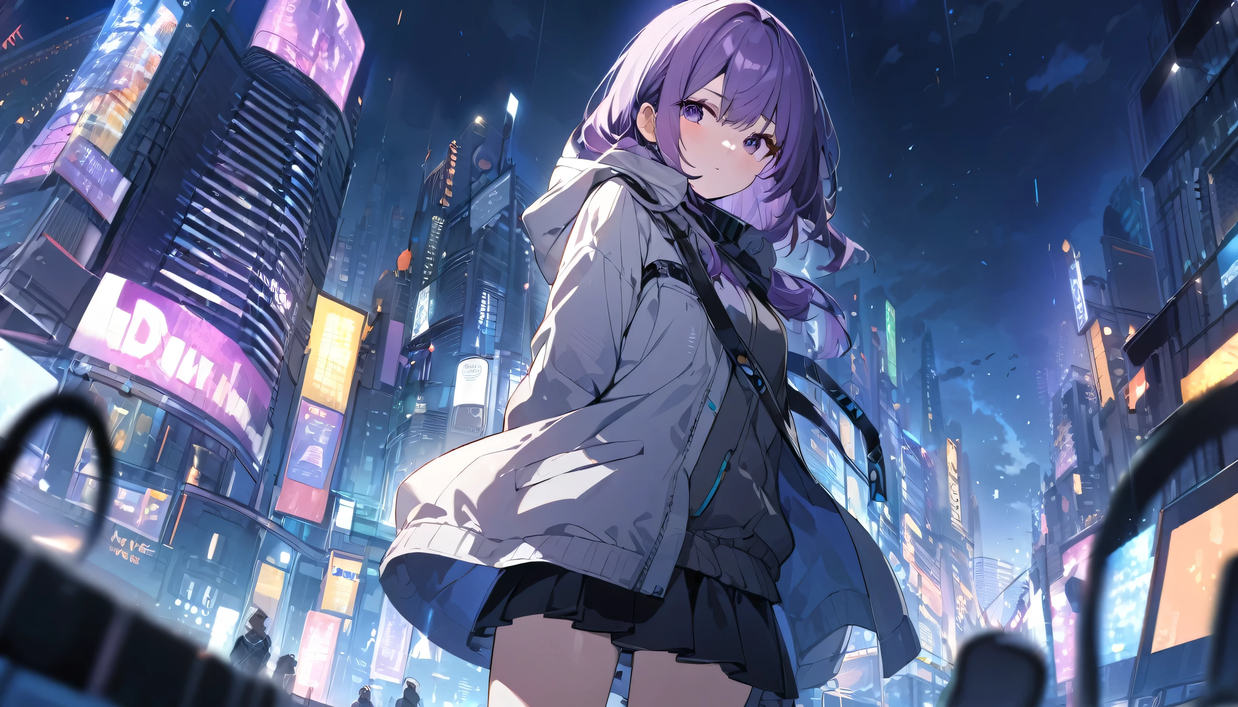 1 short purple haired girl, wearing a light jacket and short skirt, standing in the middle of the night city, with the city light (somewhat blurry), ((HD wallpaper desktop)), grim weather, Position of hands behind his back, looking at the audience, ((city lights are a bit blurry))