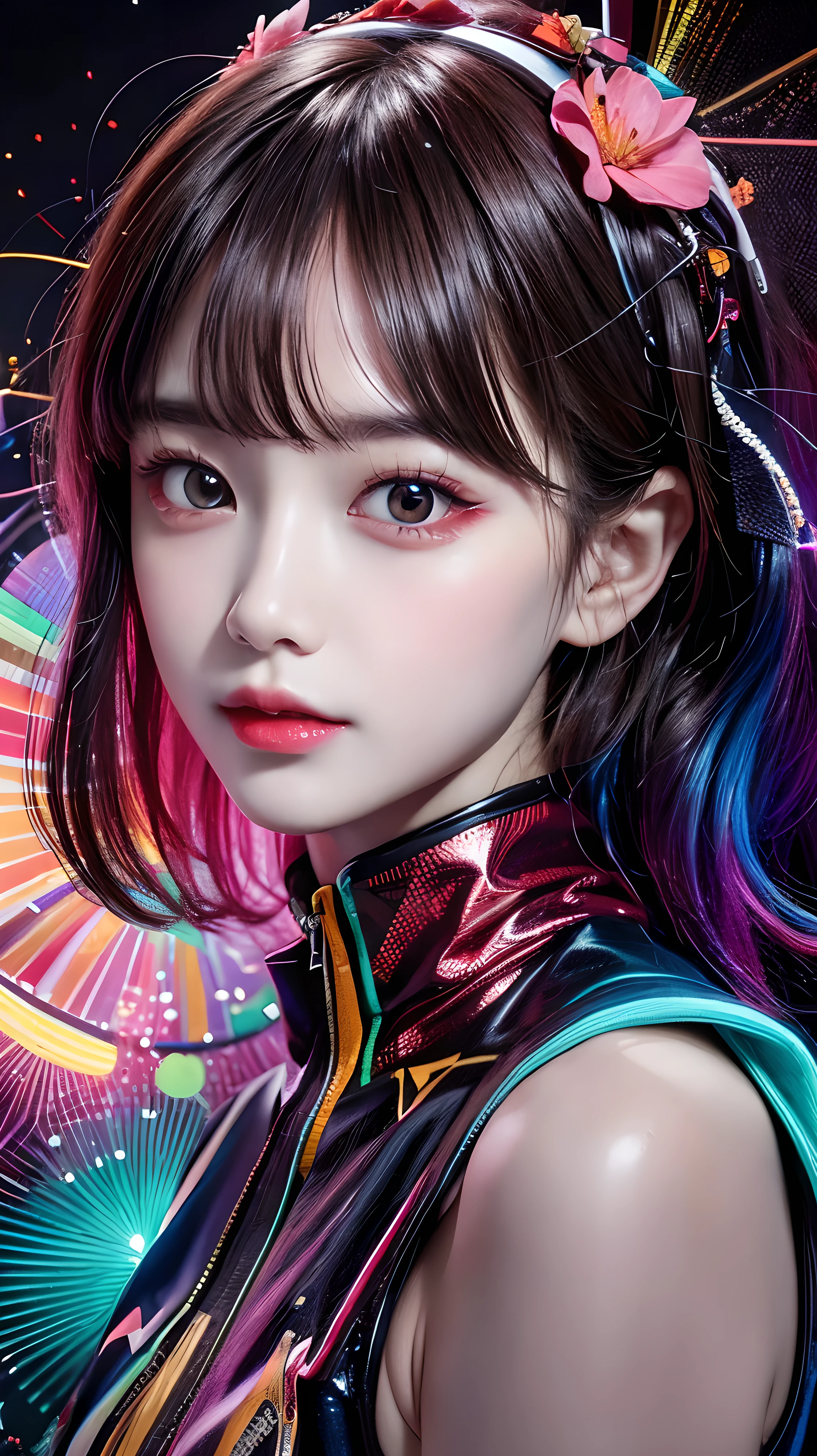 (close), Portraiture, Portraiture, (alone), masterpiece, highest quality, Clothes with strong contrast, psychedelic, [[[LSD]]], particle, bloom, Neon lighting, (Shine), Flat Color, Splashes of color, Mixing colors